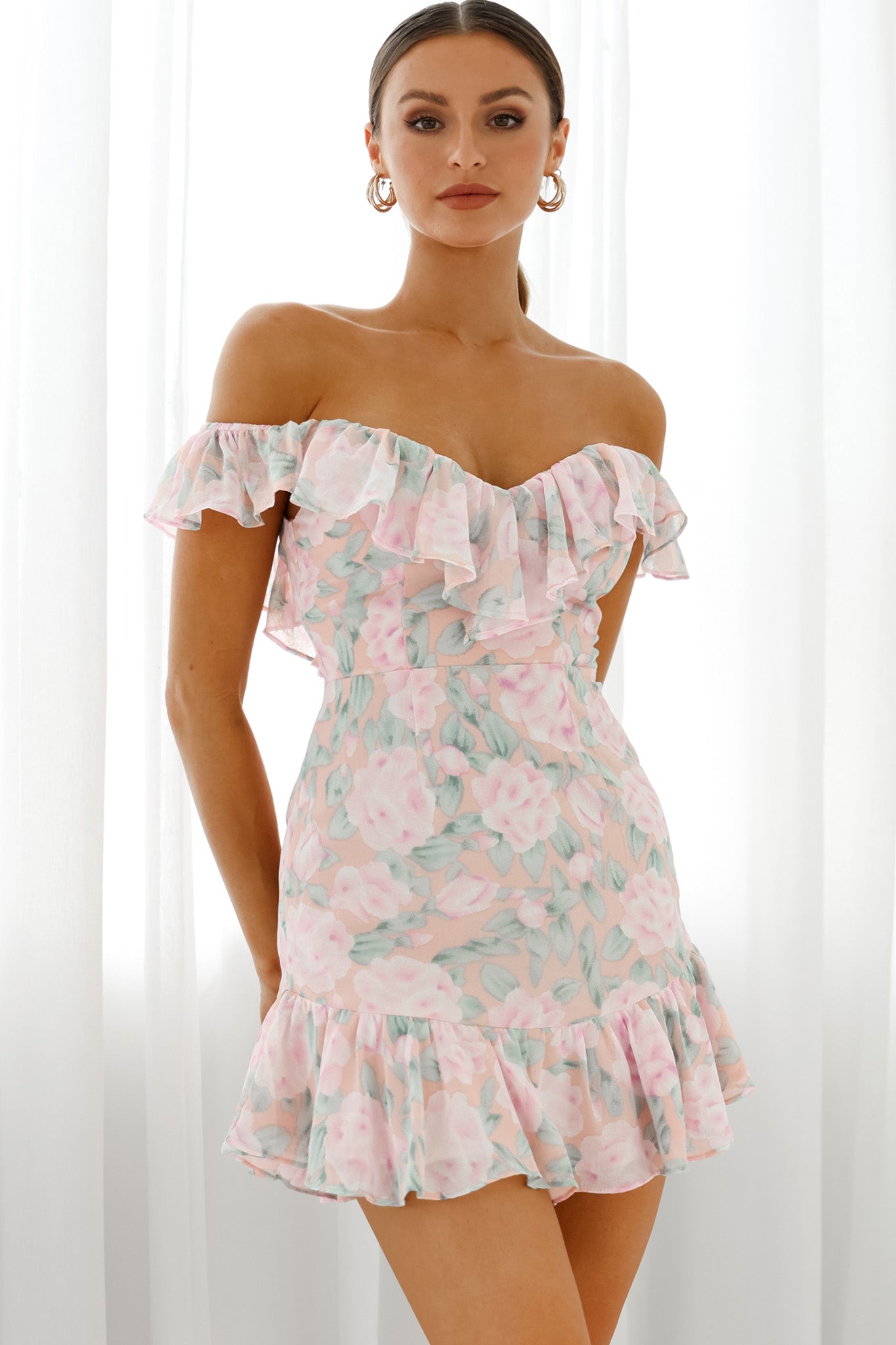 Sweet Melody Sweetheart Neckline Off-Shoulder Dress Floral Print Nude/Pink-Maymioy