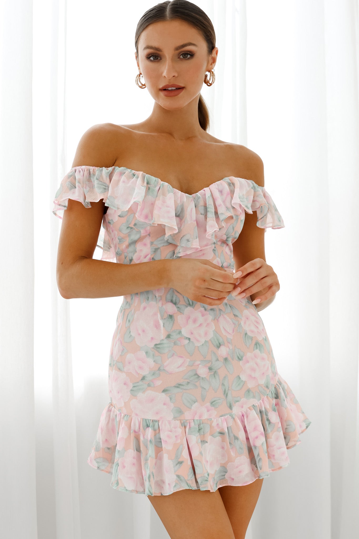 Sweet Melody Sweetheart Neckline Off-Shoulder Dress Floral Print Nude/Pink-Maymioy