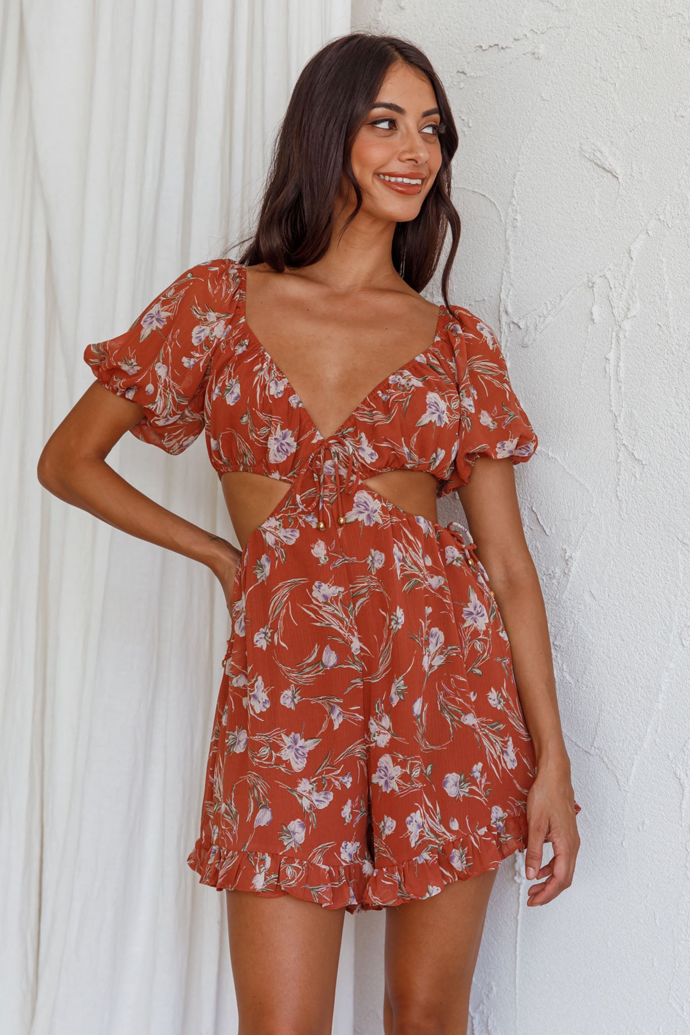 Fancy Free Cut-Out Waist Romper Floral Rose-Maymioy