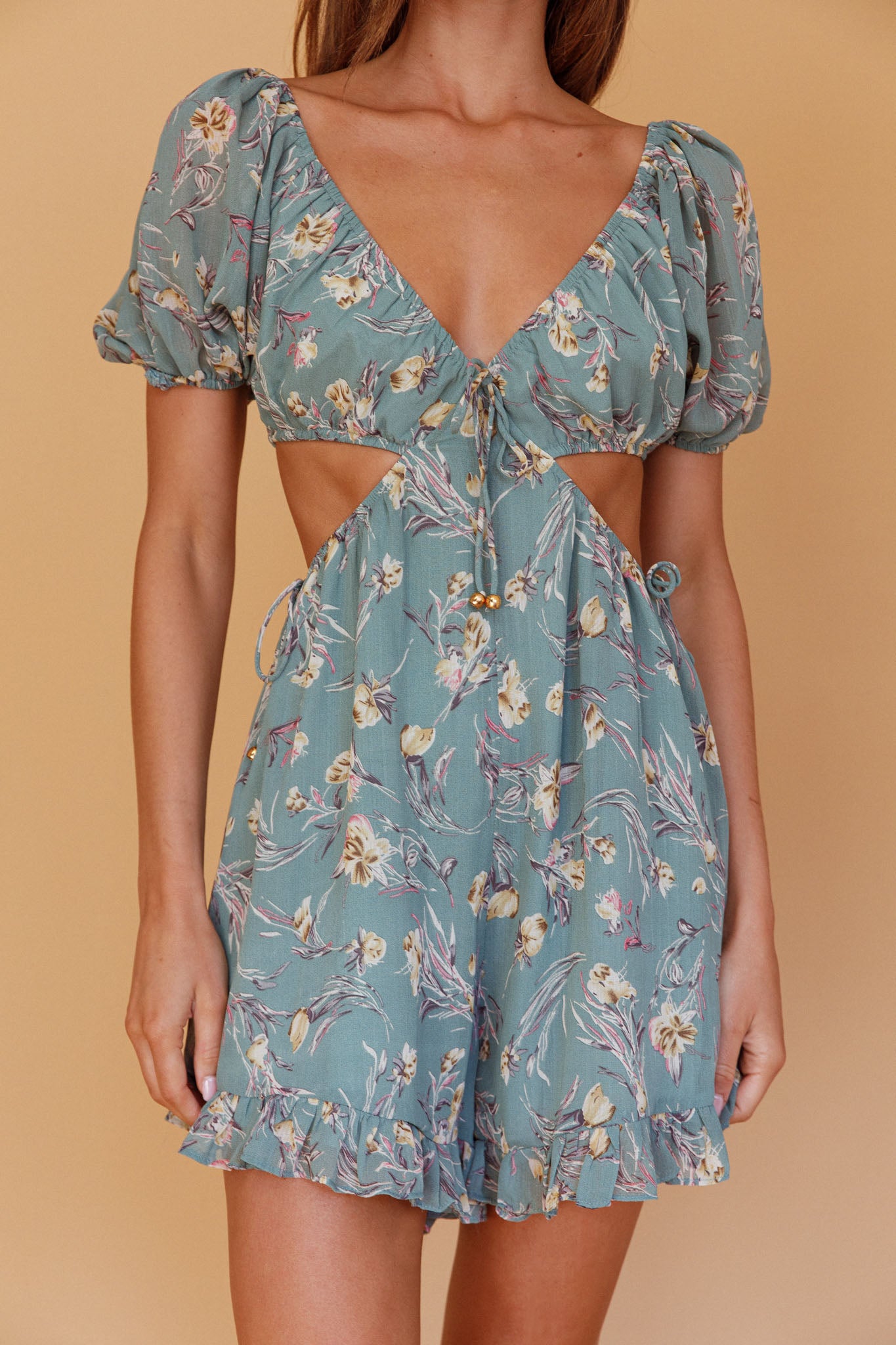 Fancy Free Cut-Out Waist Romper Floral Sage-Maymioy