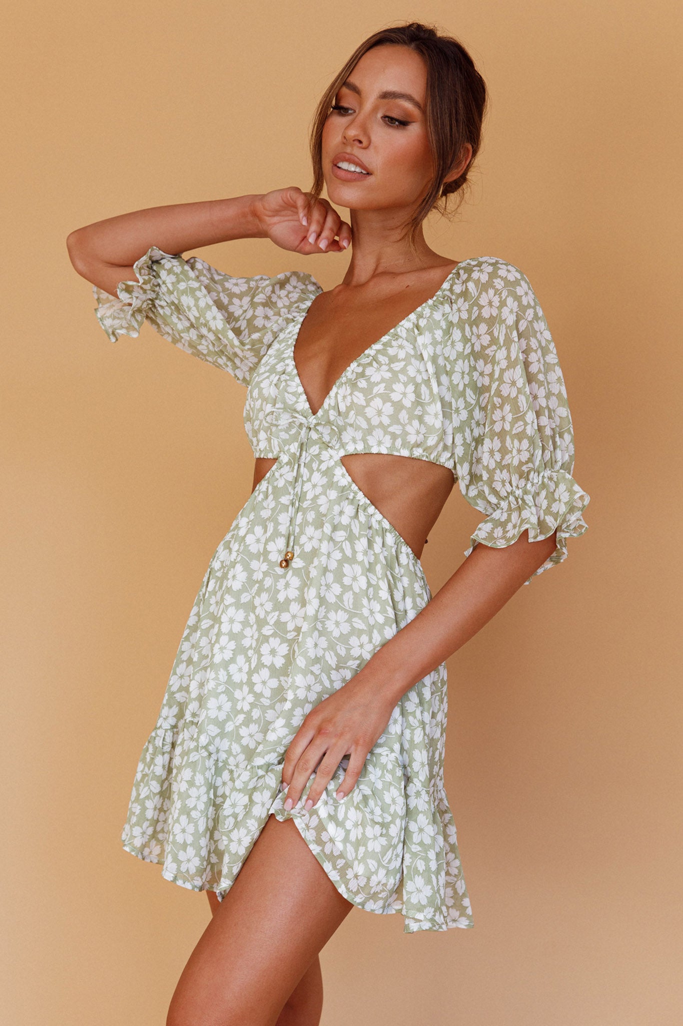 Fancy Free Puff Sleeve Cut-Out Dress Floral Green-Maymioy