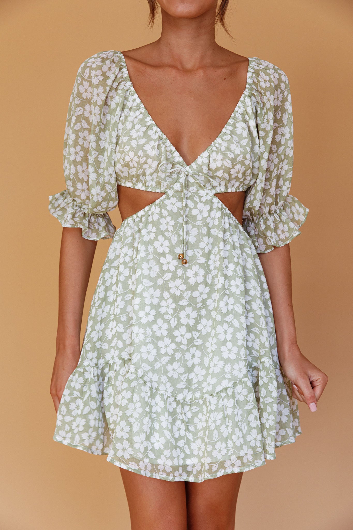 Fancy Free Puff Sleeve Cut-Out Dress Floral Green-Maymioy