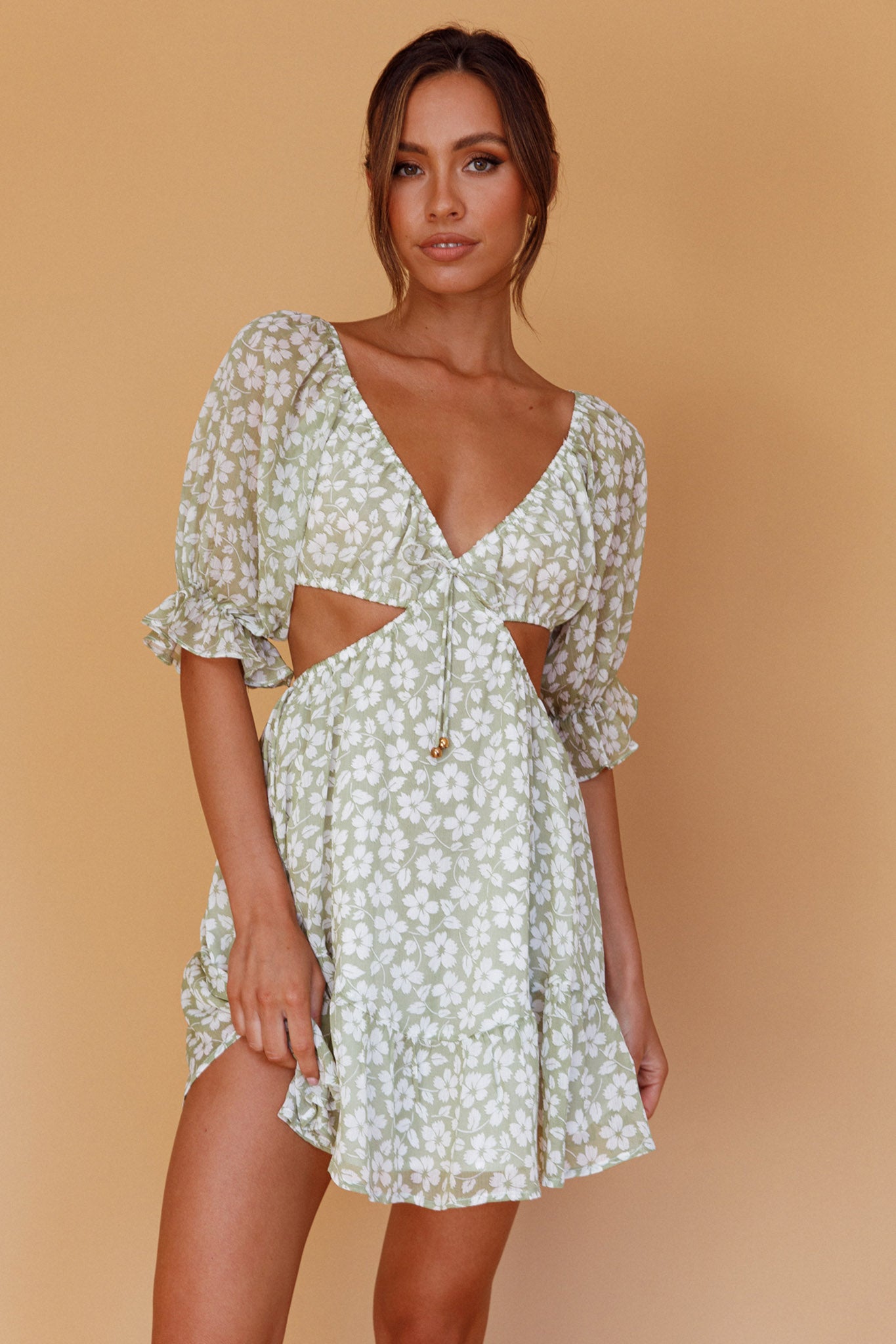 Fancy Free Puff Sleeve Cut-Out Dress Floral Green-Maymioy