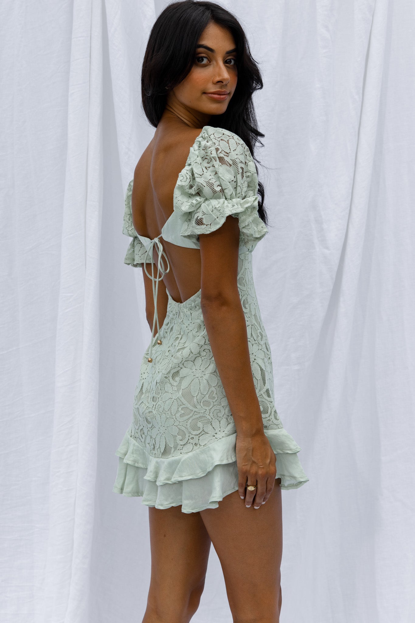 Georgia Peach Puff Sleeve Double Frill Hem Lace Dress Mint-Maymioy