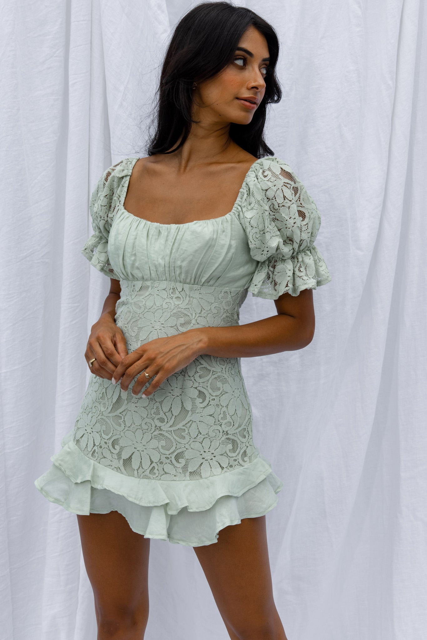Georgia Peach Puff Sleeve Double Frill Hem Lace Dress Mint-Maymioy