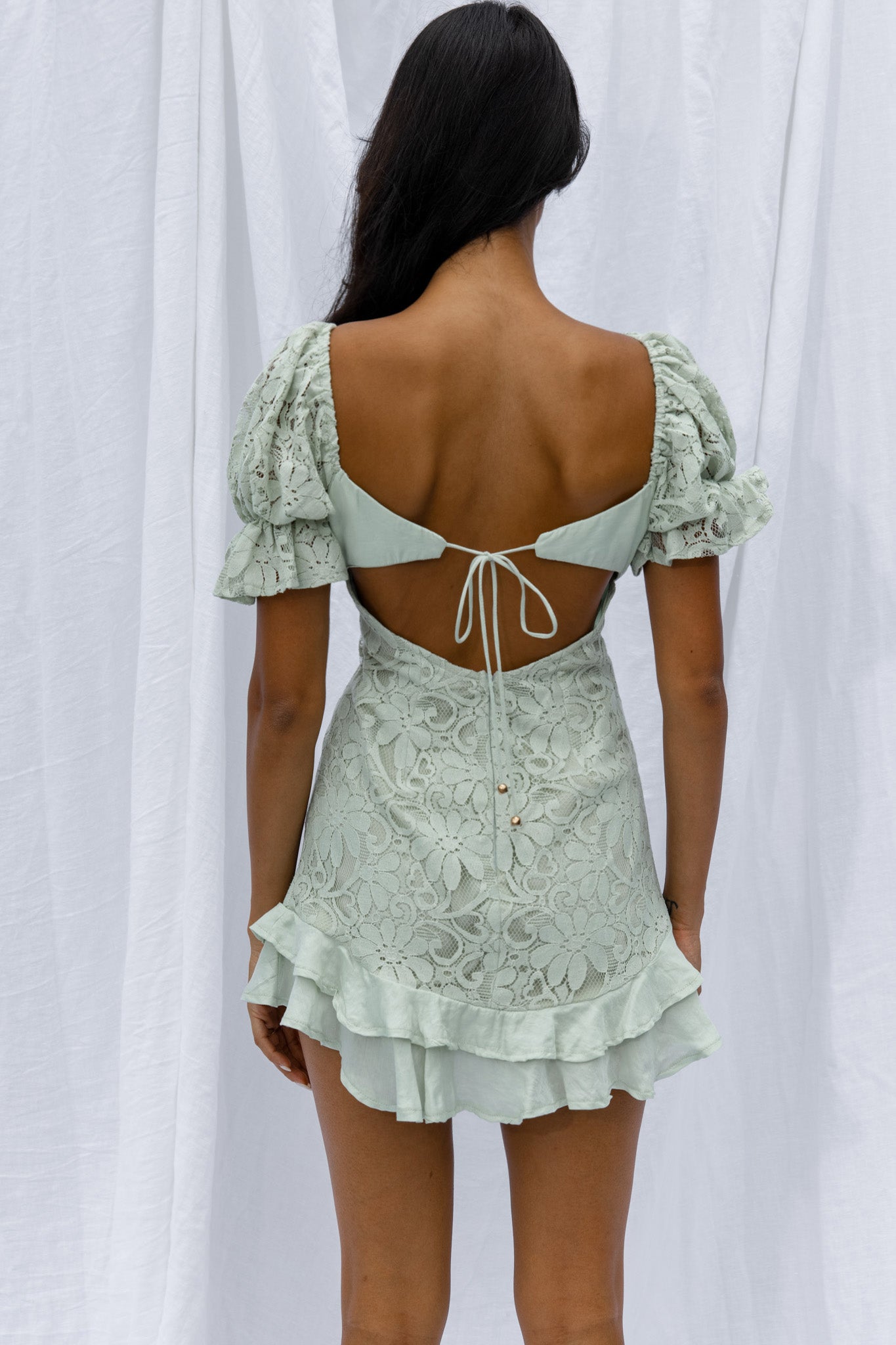 Georgia Peach Puff Sleeve Double Frill Hem Lace Dress Mint-Maymioy