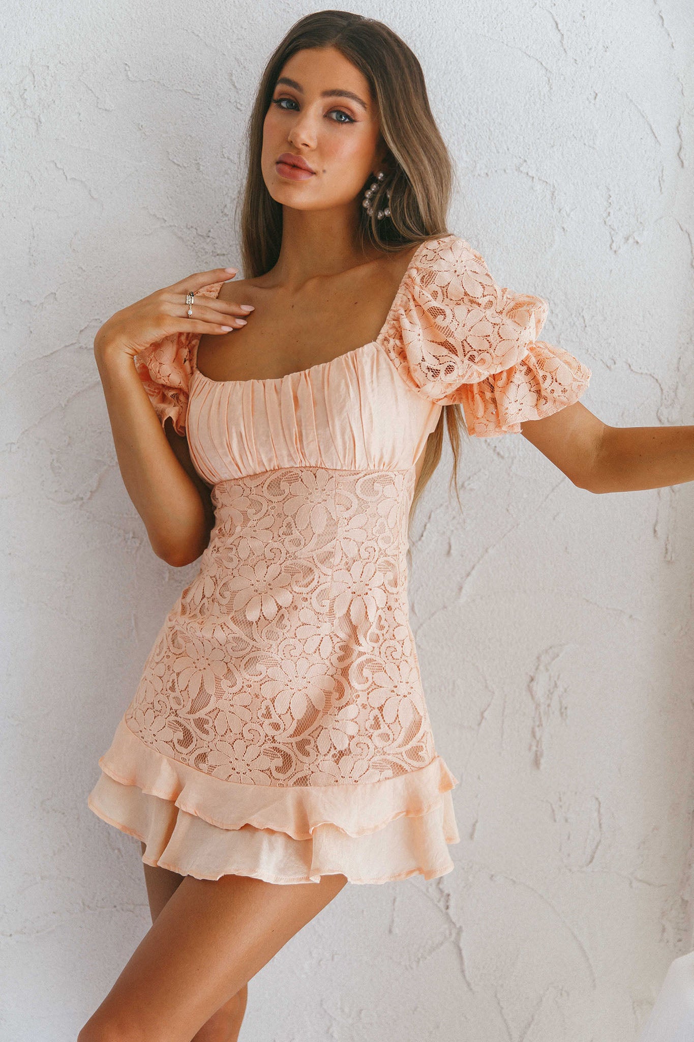 Georgia Peach Puff Sleeve Double Frill Hem Lace Dress Peach-Maymioy