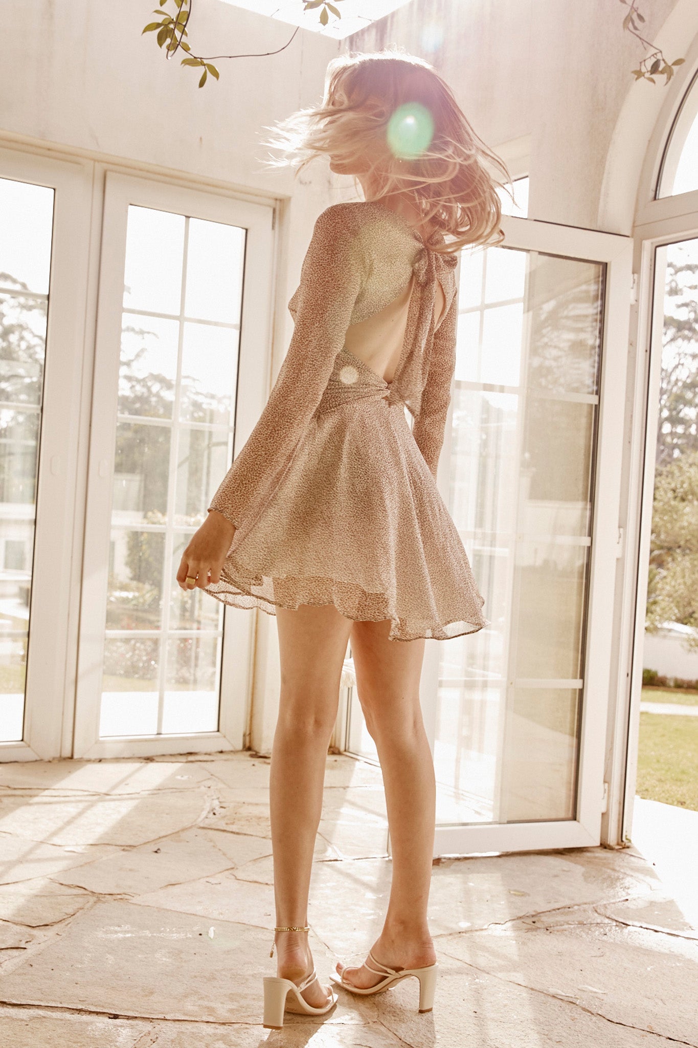 Just A Crush Long Sleeve Keyhole Back Dress Speckle Print White-Maymioy