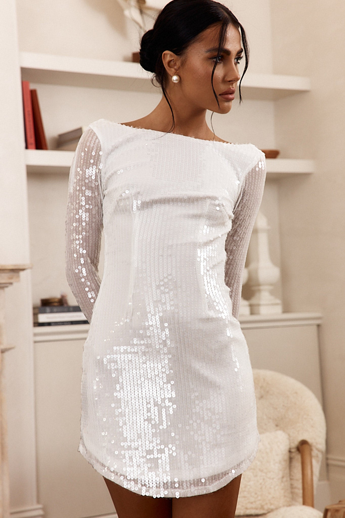 Karma Long Sleeve Keyhole Back Sequin Dress White-Maymioy