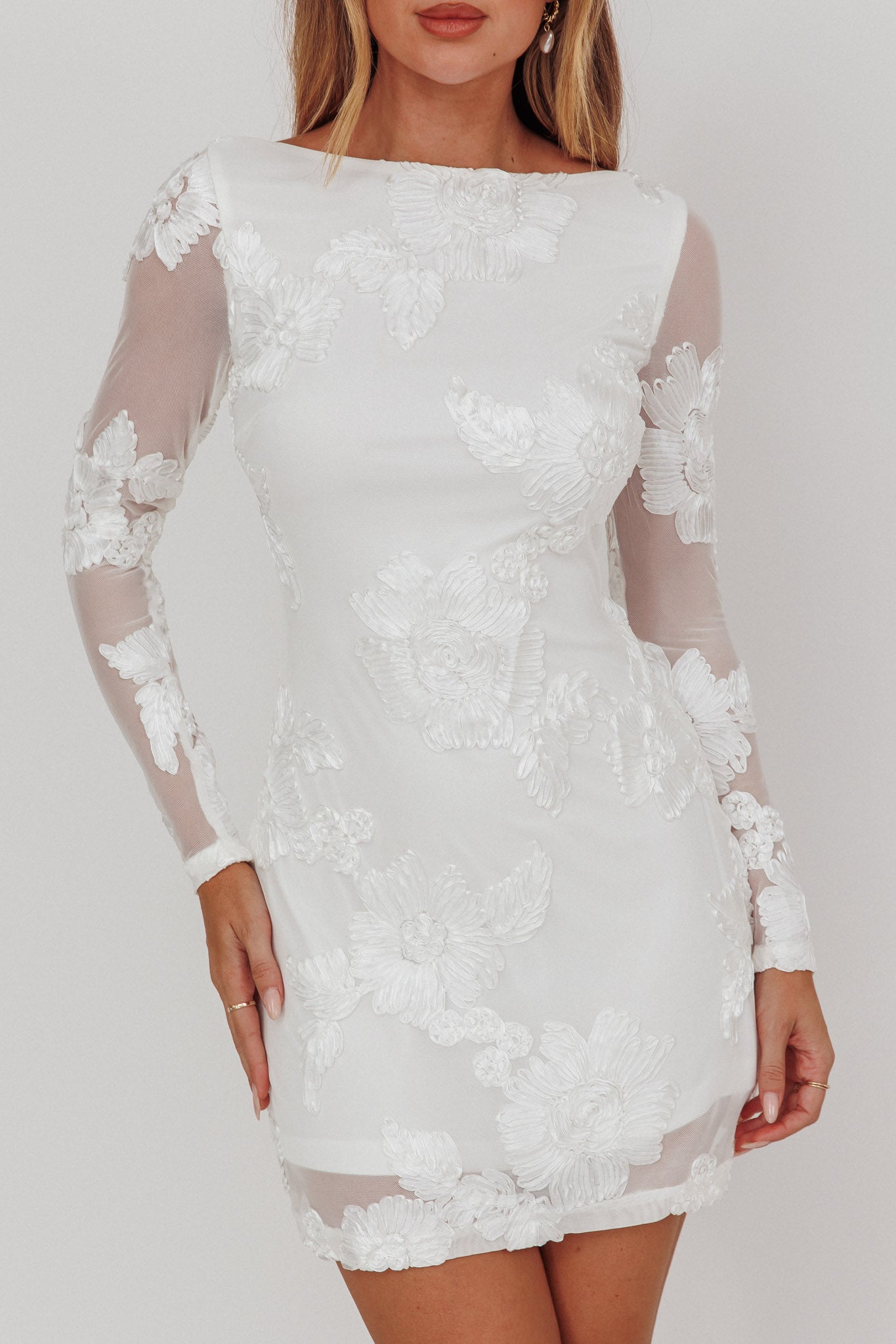 Karma Long Sleeve Scoop Back Dress Embellished White-Maymioy