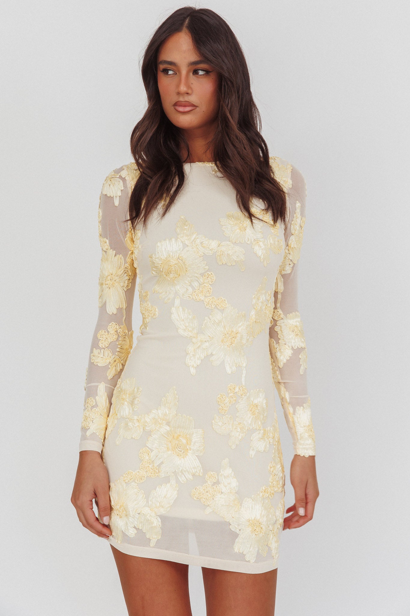 Karma Long Sleeve Scoop Back Dress Embellished Yellow-Maymioy