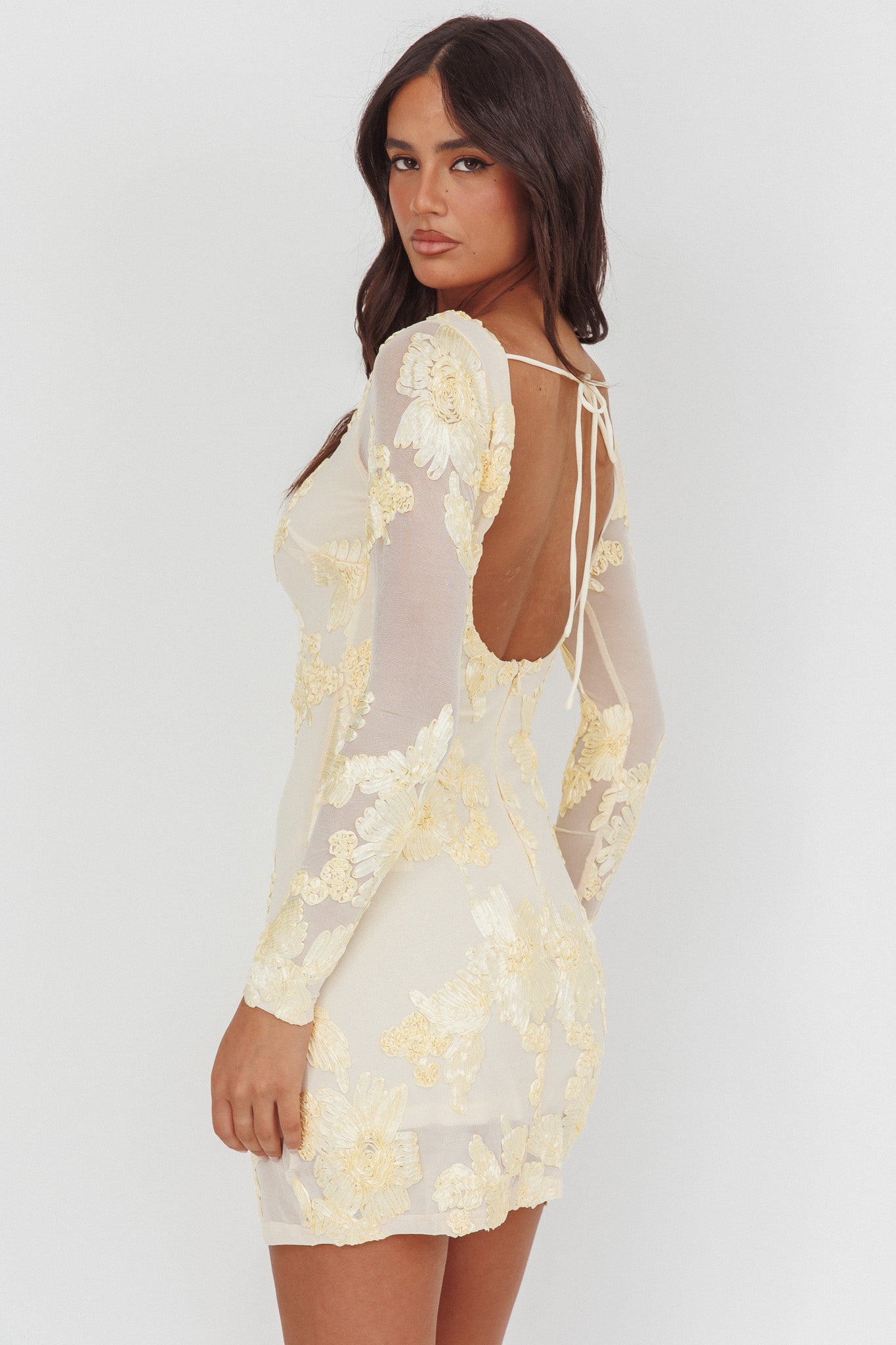 Karma Long Sleeve Scoop Back Dress Embellished Yellow-Maymioy