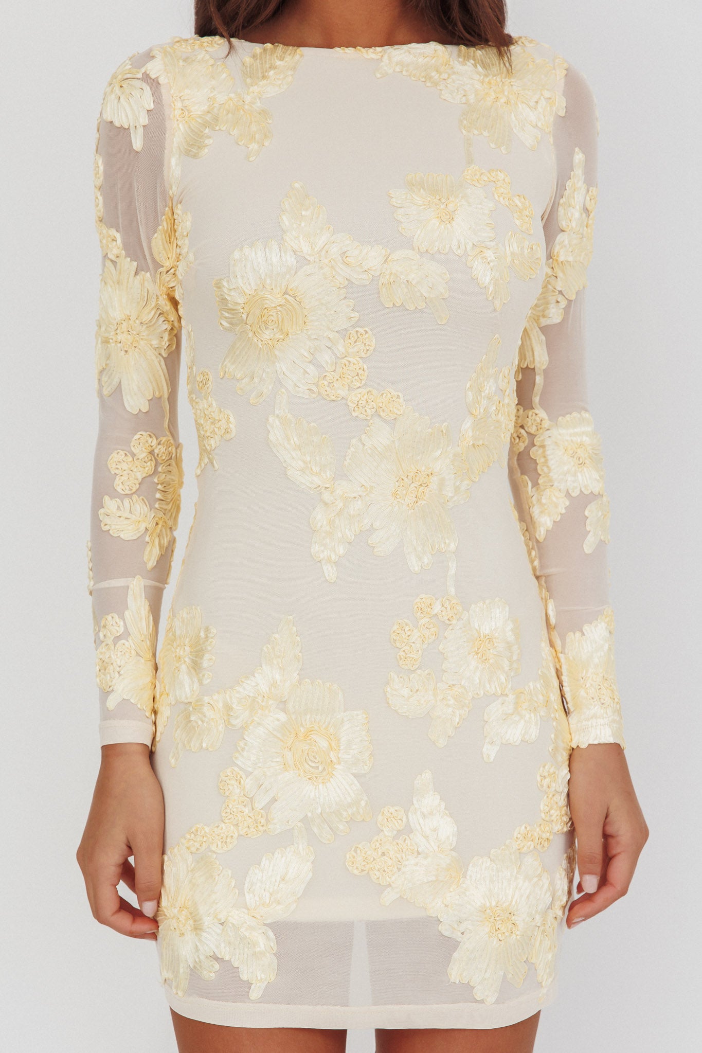 Karma Long Sleeve Scoop Back Dress Embellished Yellow-Maymioy