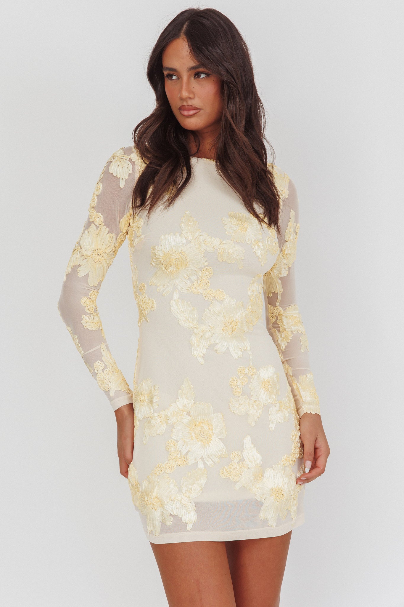 Karma Long Sleeve Scoop Back Dress Embellished Yellow-Maymioy