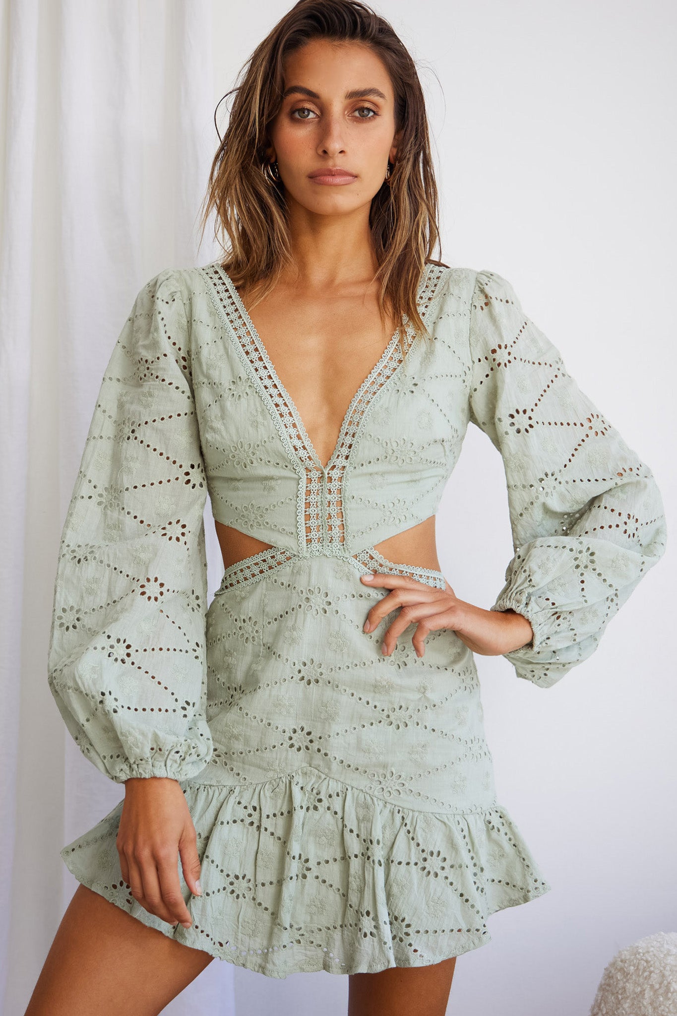 Santorini Sunset Balloon Sleeve Cut-Out Eyelet Dress Sage-Maymioy