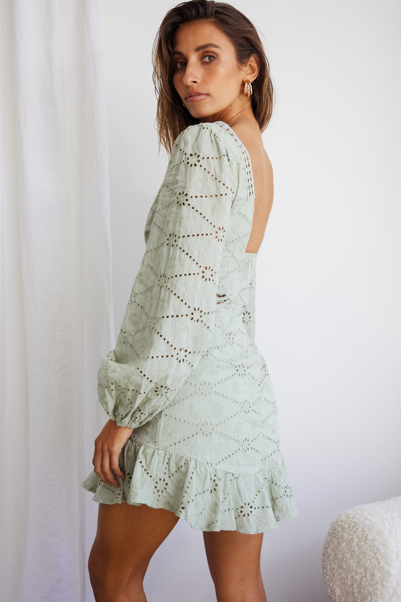Santorini Sunset Balloon Sleeve Cut-Out Eyelet Dress Sage-Maymioy