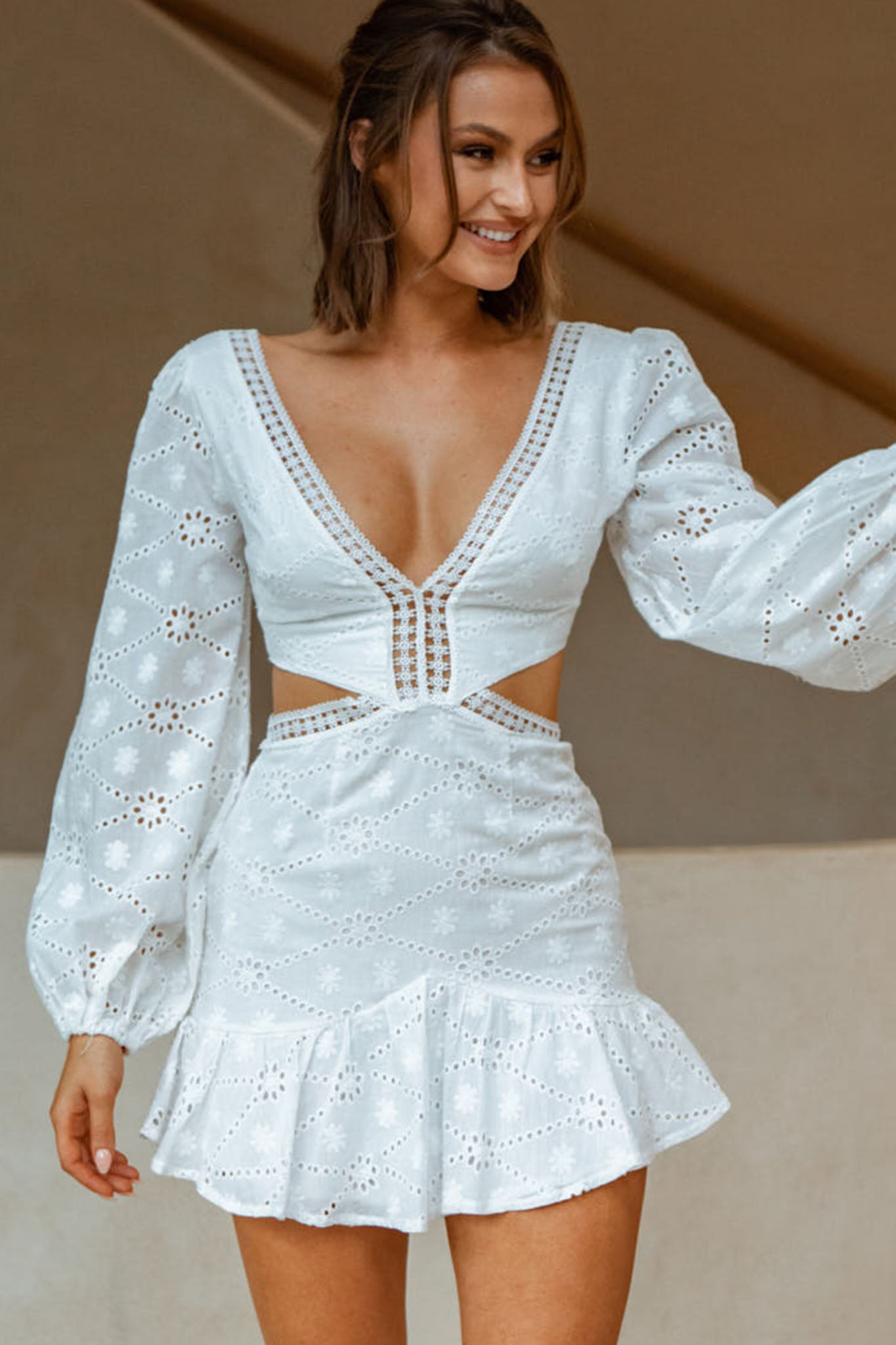 Santorini Sunset Balloon Sleeve Cut-Out Eyelet Dress White-Maymioy