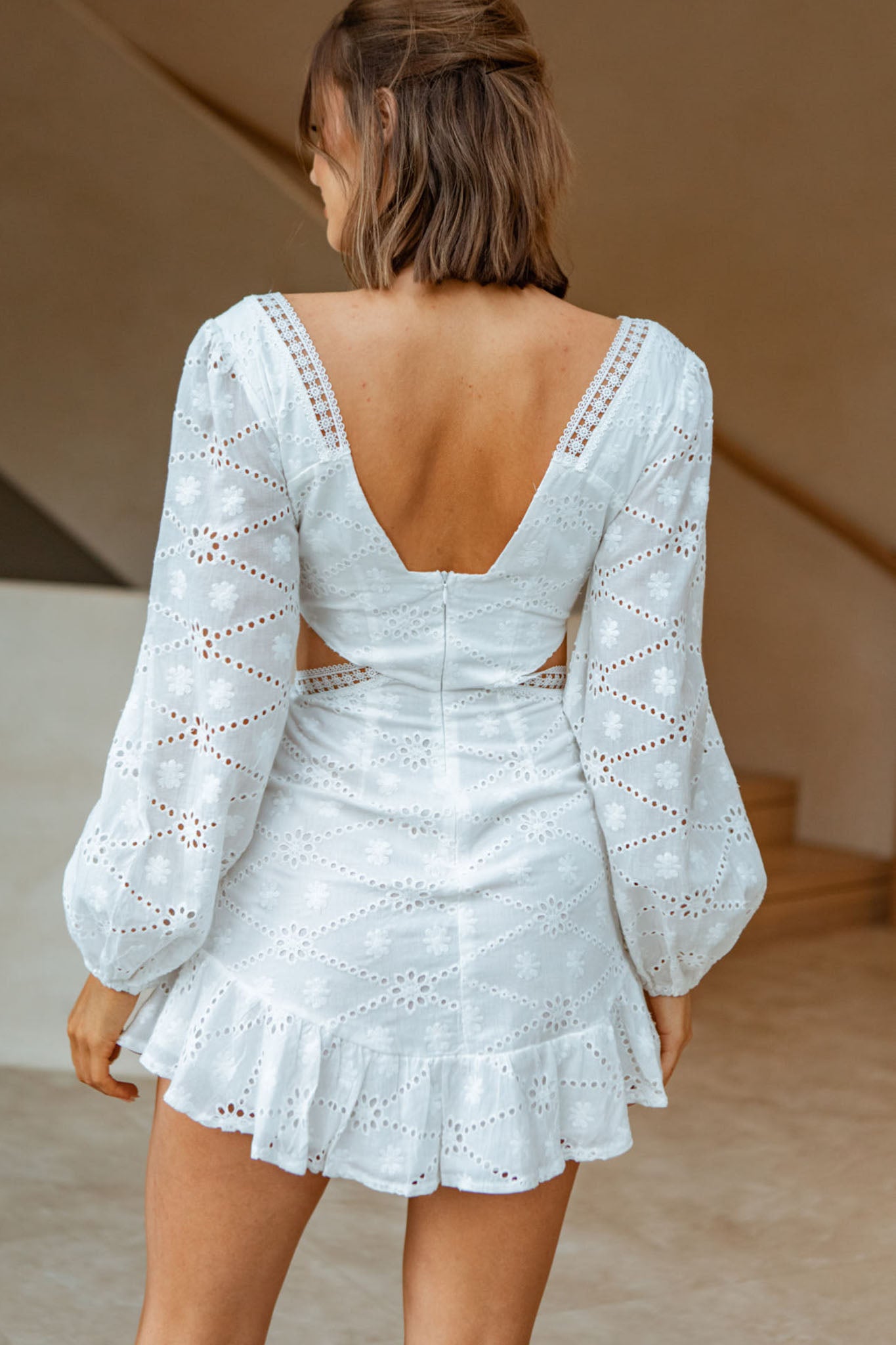 Santorini Sunset Balloon Sleeve Cut-Out Eyelet Dress White-Maymioy