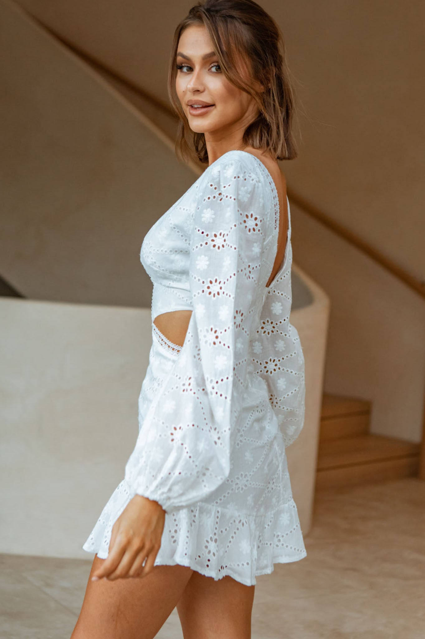 Santorini Sunset Balloon Sleeve Cut-Out Eyelet Dress White-Maymioy