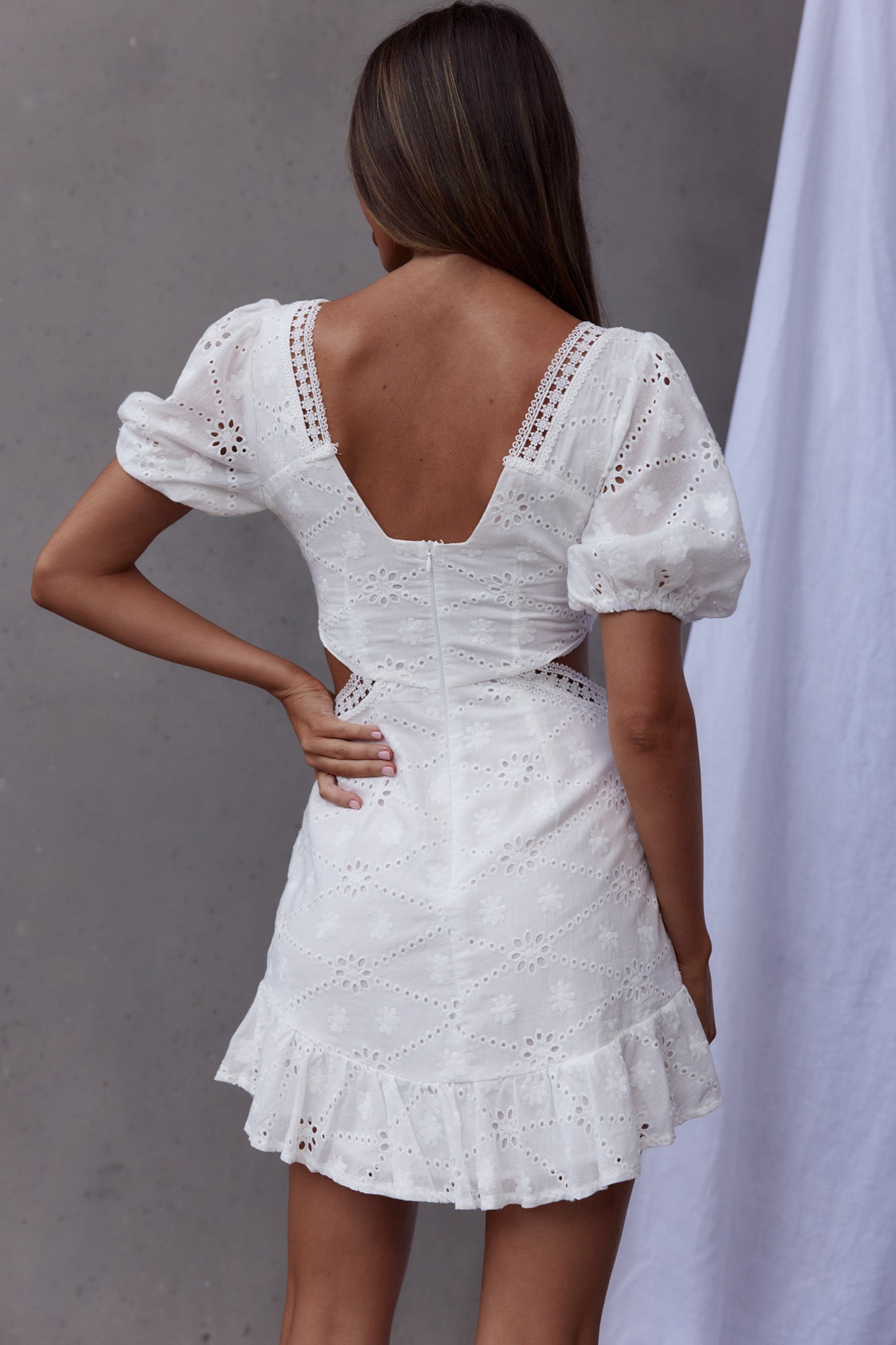 Santorini Sunset Puff Sleeve Cut-Out Eyelet Dress White-Maymioy