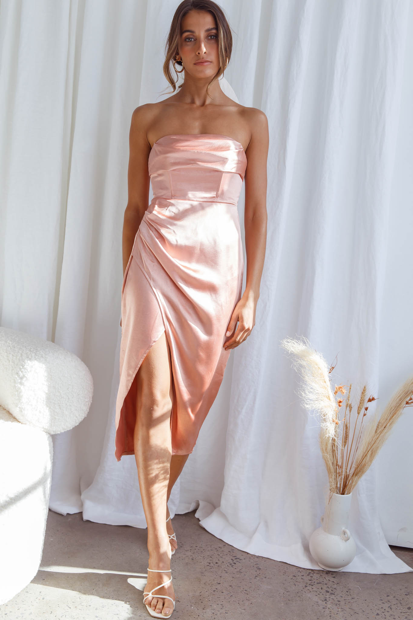Dolce Vita Cowl Bust Strapless Midi Dress Apricot-Maymioy