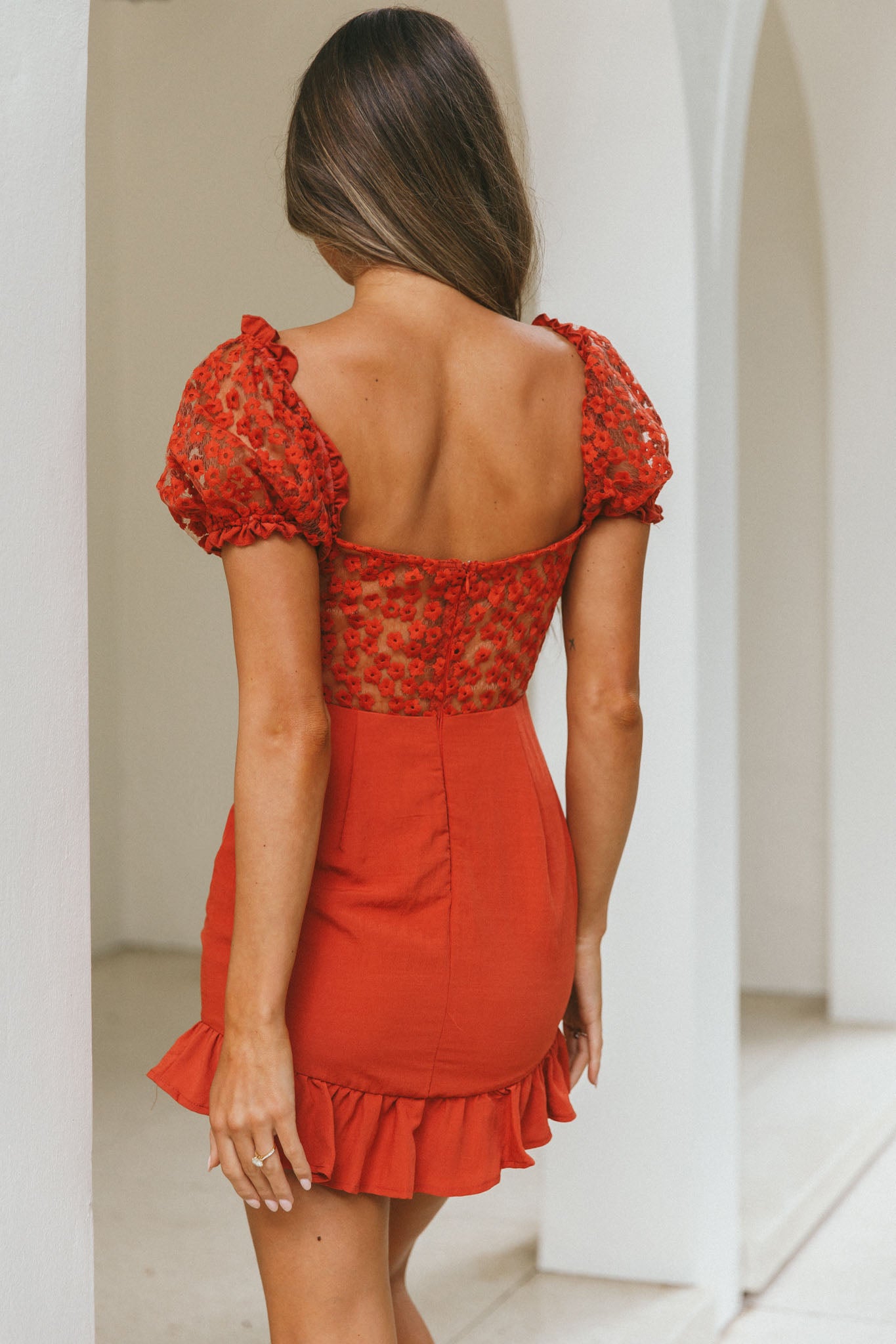Field Dreams Puff Sleeve Tie-Up Bodice Floral Embroidery Mini Dress Rose-Maymioy