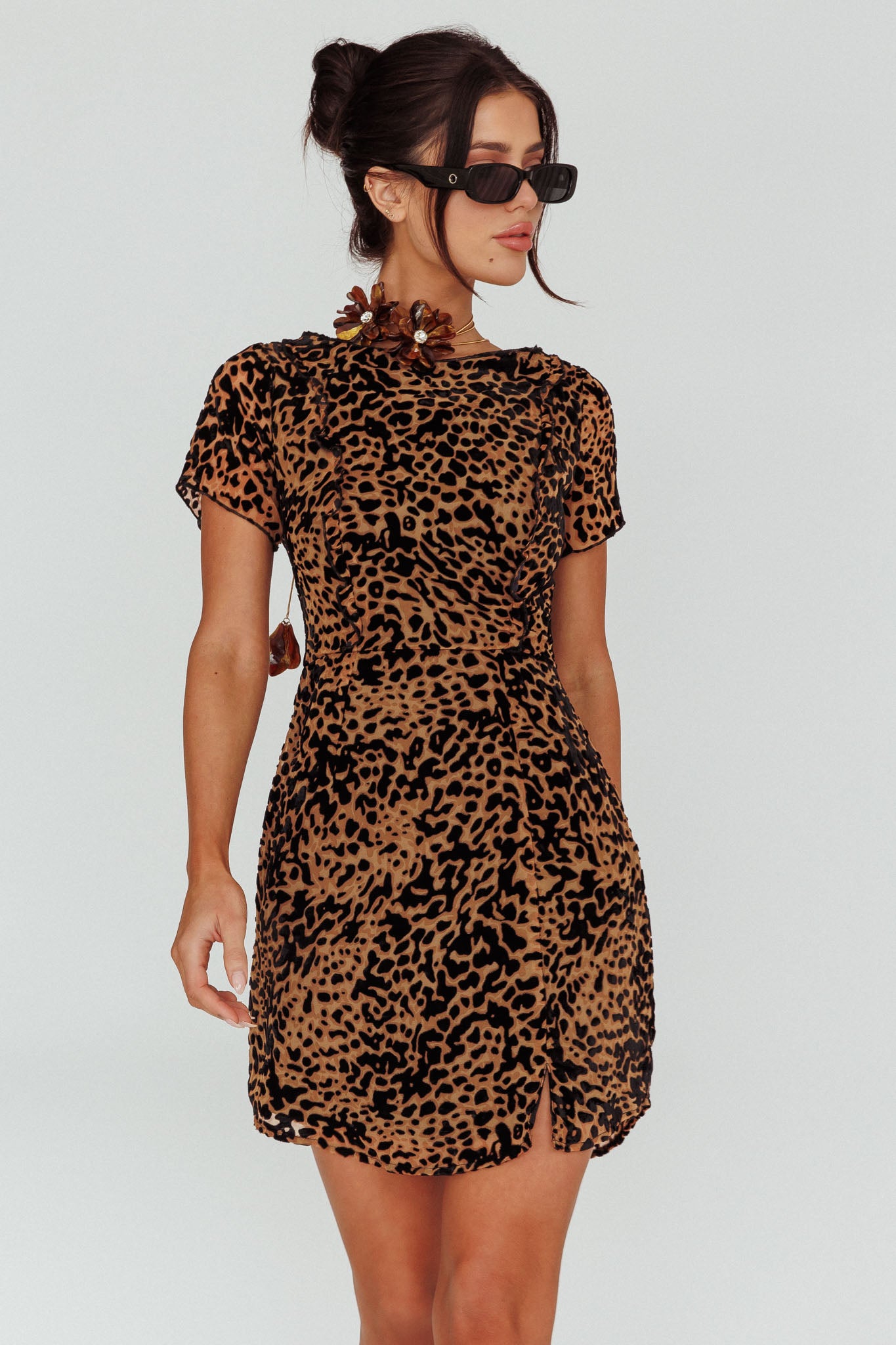 Ring Leader Short Sleeve Mini Dress Leopard Black-Maymioy
