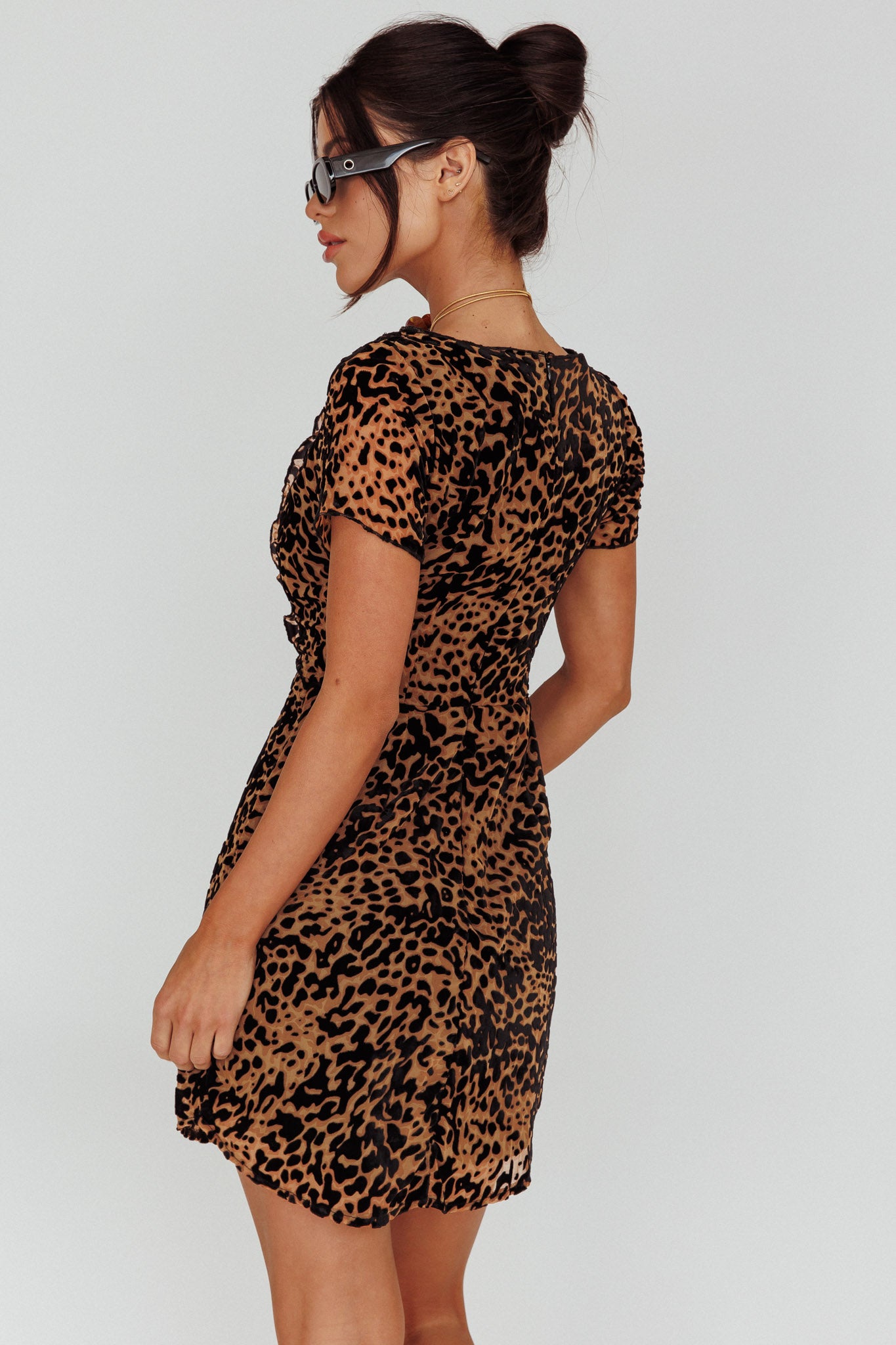 Ring Leader Short Sleeve Mini Dress Leopard Black-Maymioy