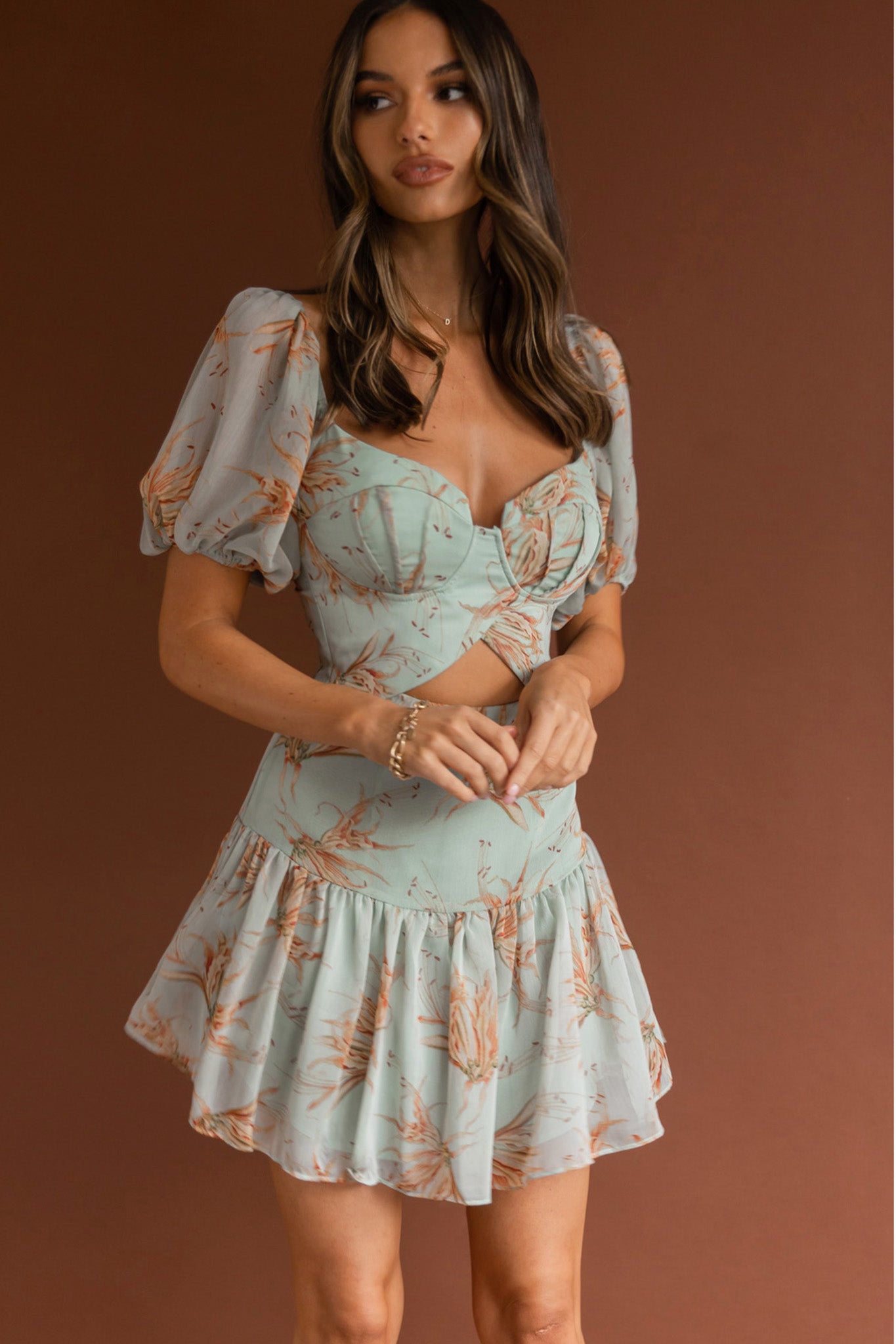 Devoted Structured Bust Puff Sleeve Dress Lily Print Pistachio-Maymioy