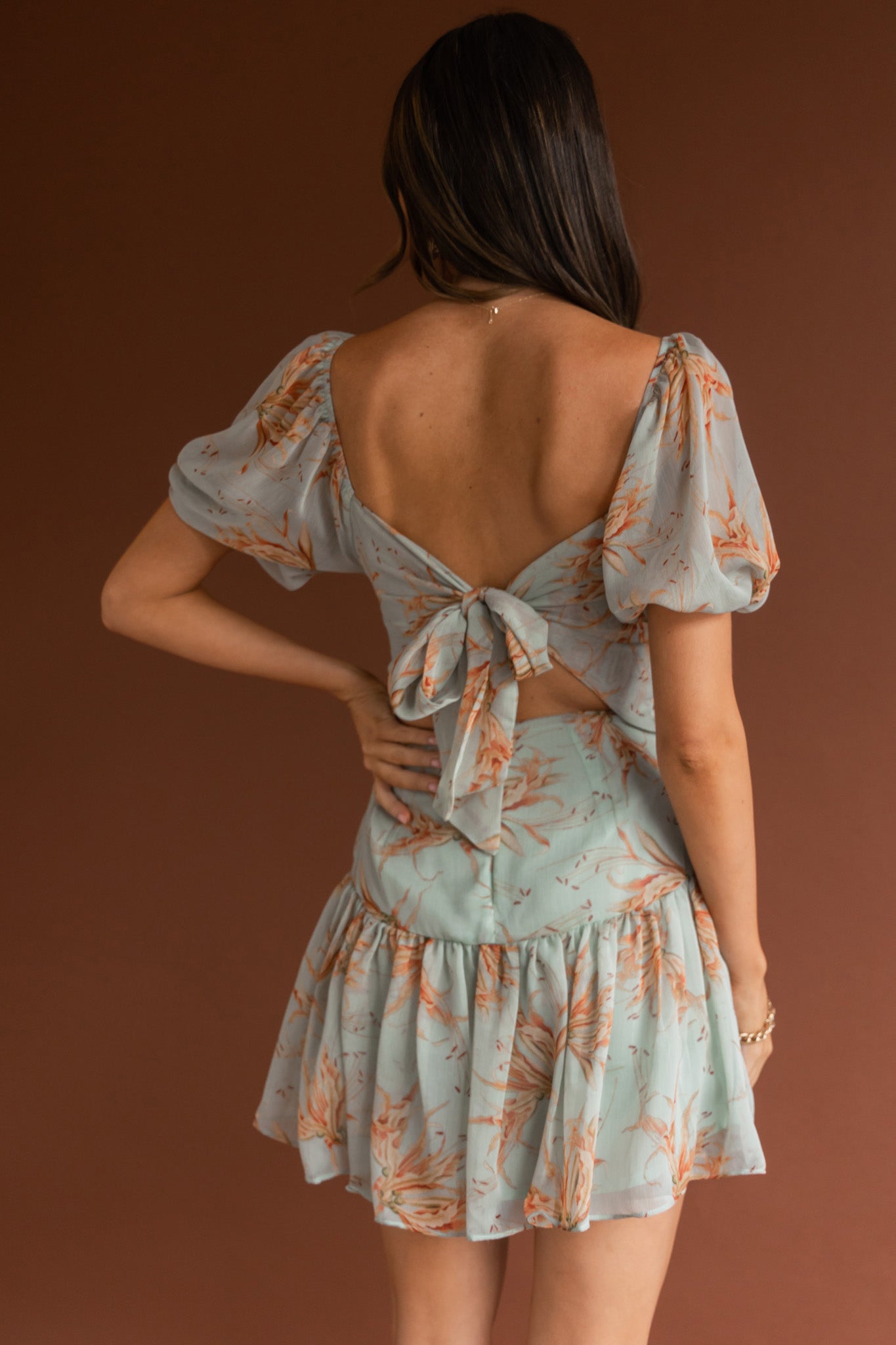 Devoted Structured Bust Puff Sleeve Dress Lily Print Pistachio-Maymioy