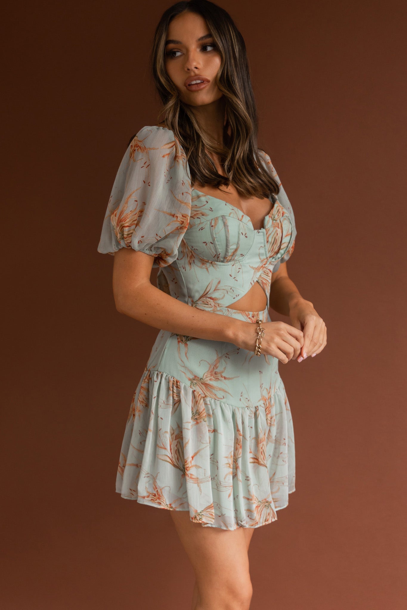 Devoted Structured Bust Puff Sleeve Dress Lily Print Pistachio-Maymioy