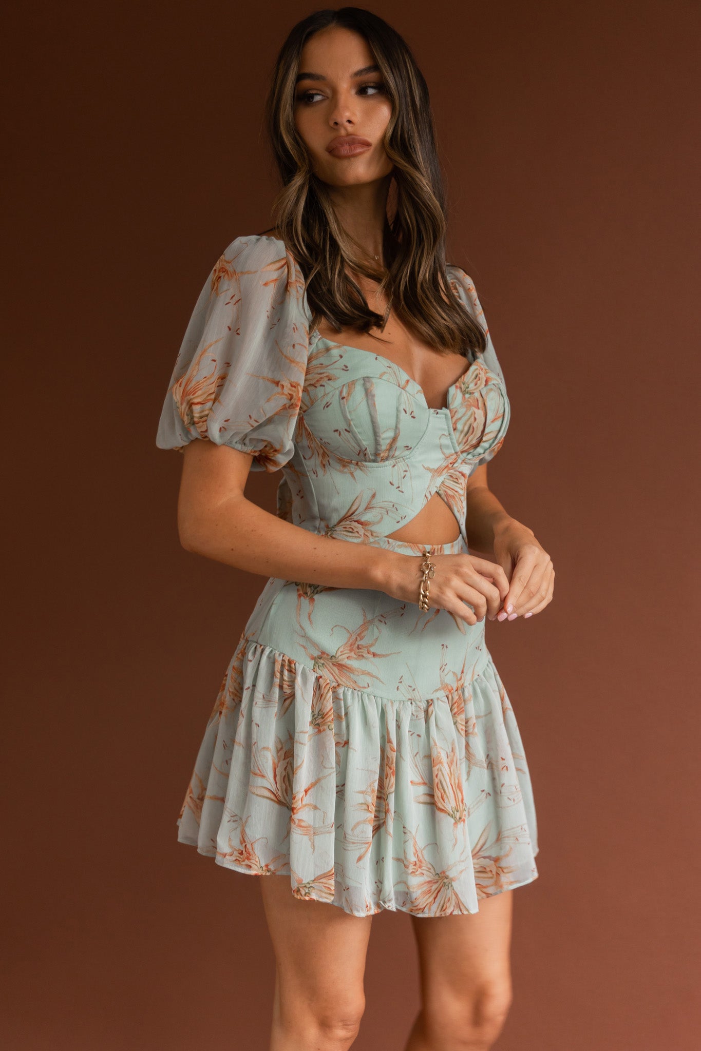 Devoted Structured Bust Puff Sleeve Dress Lily Print Pistachio-Maymioy