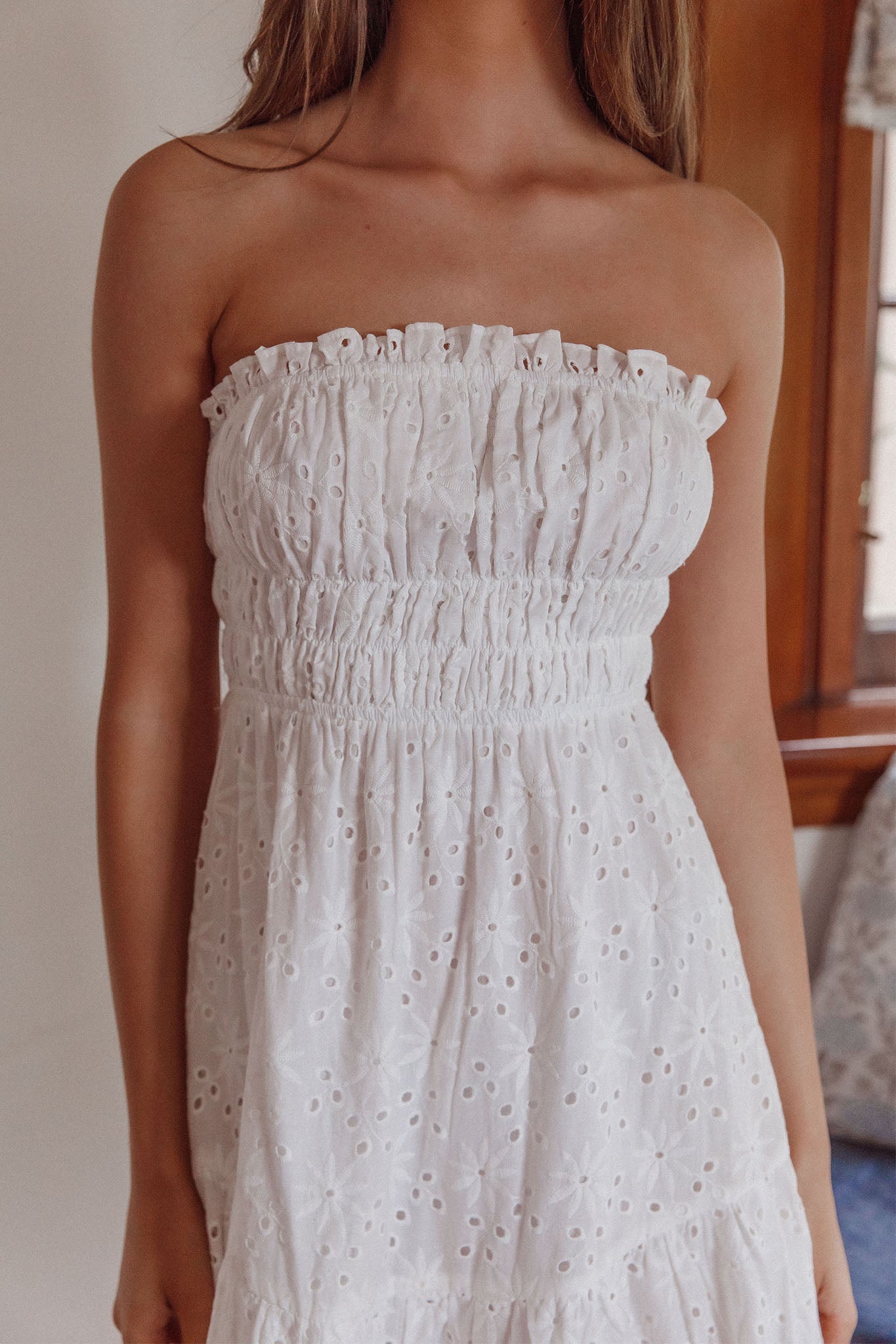 Chasing Sunshine Strapless Midi Dress White-Maymioy