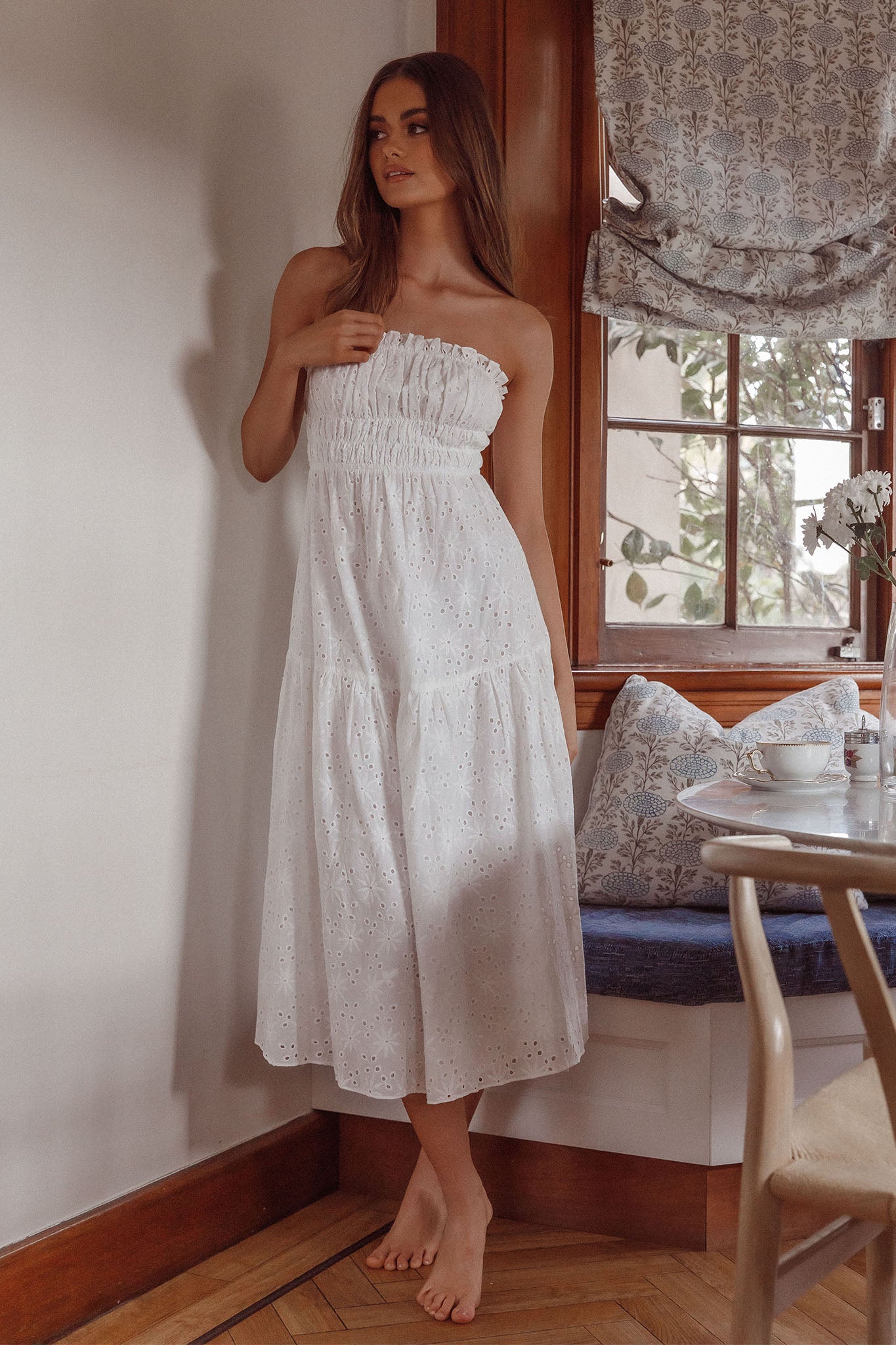 Chasing Sunshine Strapless Midi Dress White-Maymioy