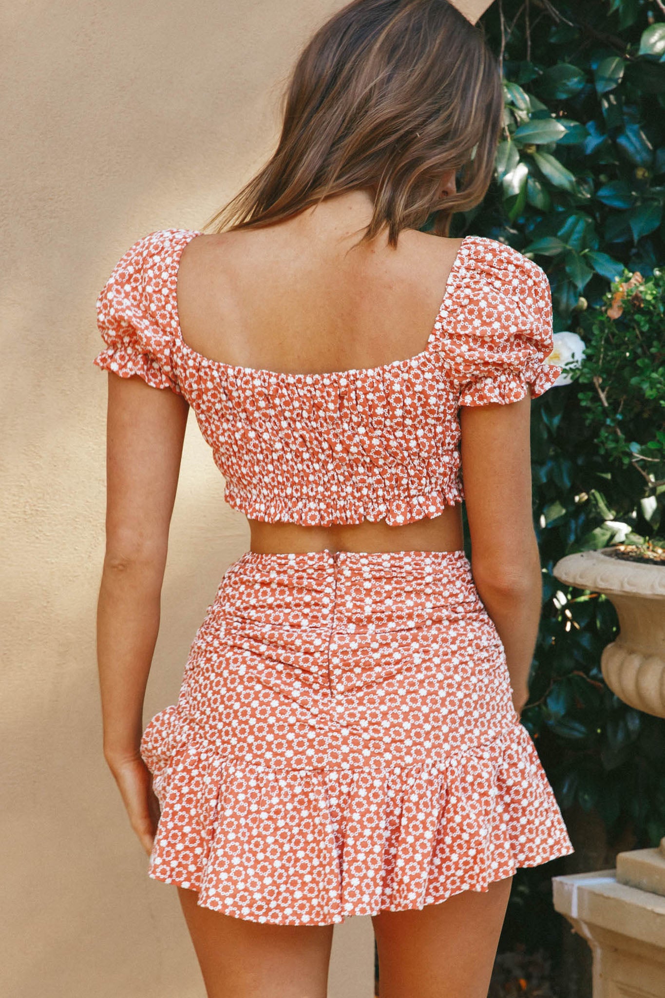 Paradis Ruched Eyelet Embroidery Mini Skirt Terracotta-Maymioy