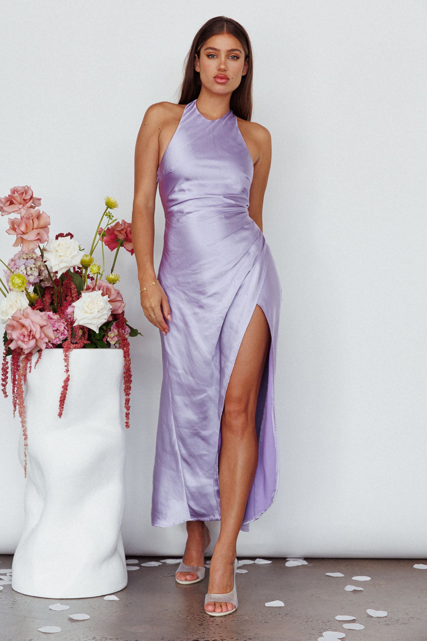 Sonoma Halterneck Faux Wrap Twist Back Maxi Dress Lavender-Maymioy