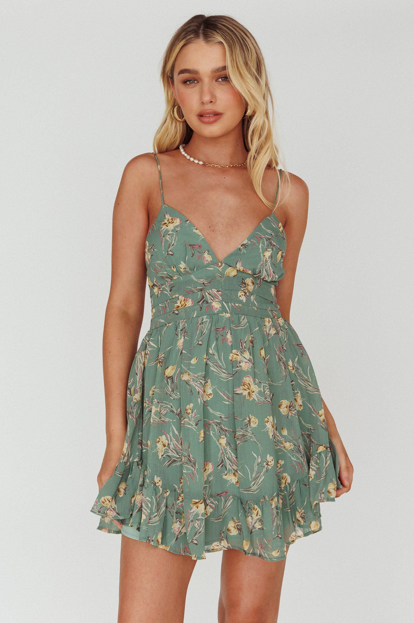 Got Love Frill Hem Mini Dress Floral Sage-Maymioy
