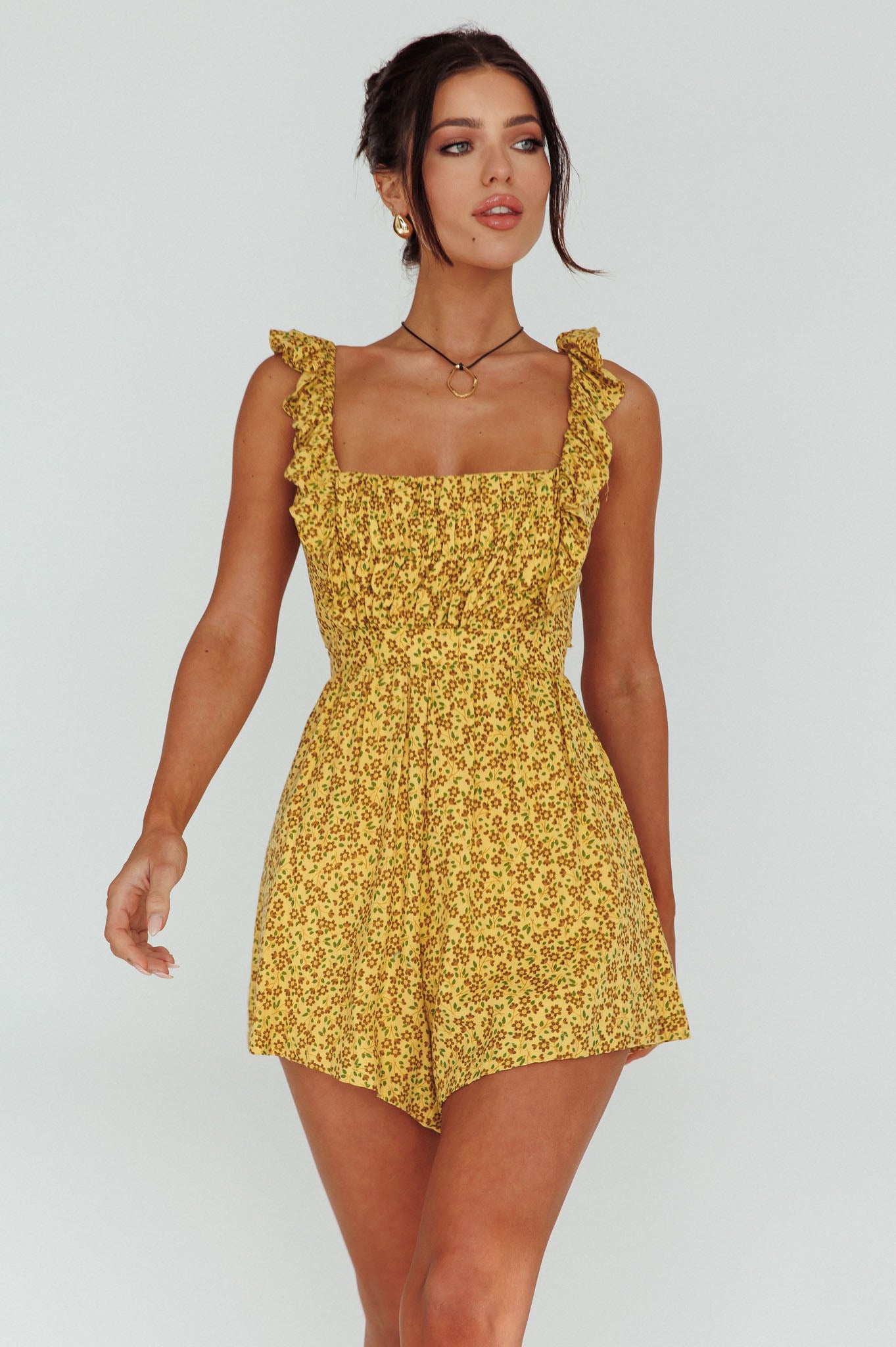 Lazy Sunday Frill Strap Tie-Up Back Romper Floral Print Mustard-Maymioy