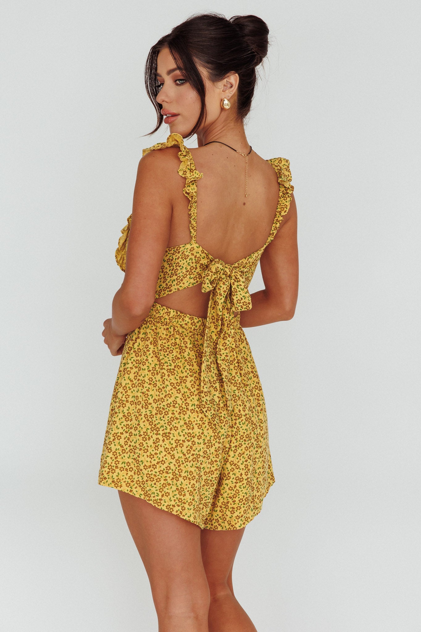 Lazy Sunday Frill Strap Tie-Up Back Romper Floral Print Mustard-Maymioy