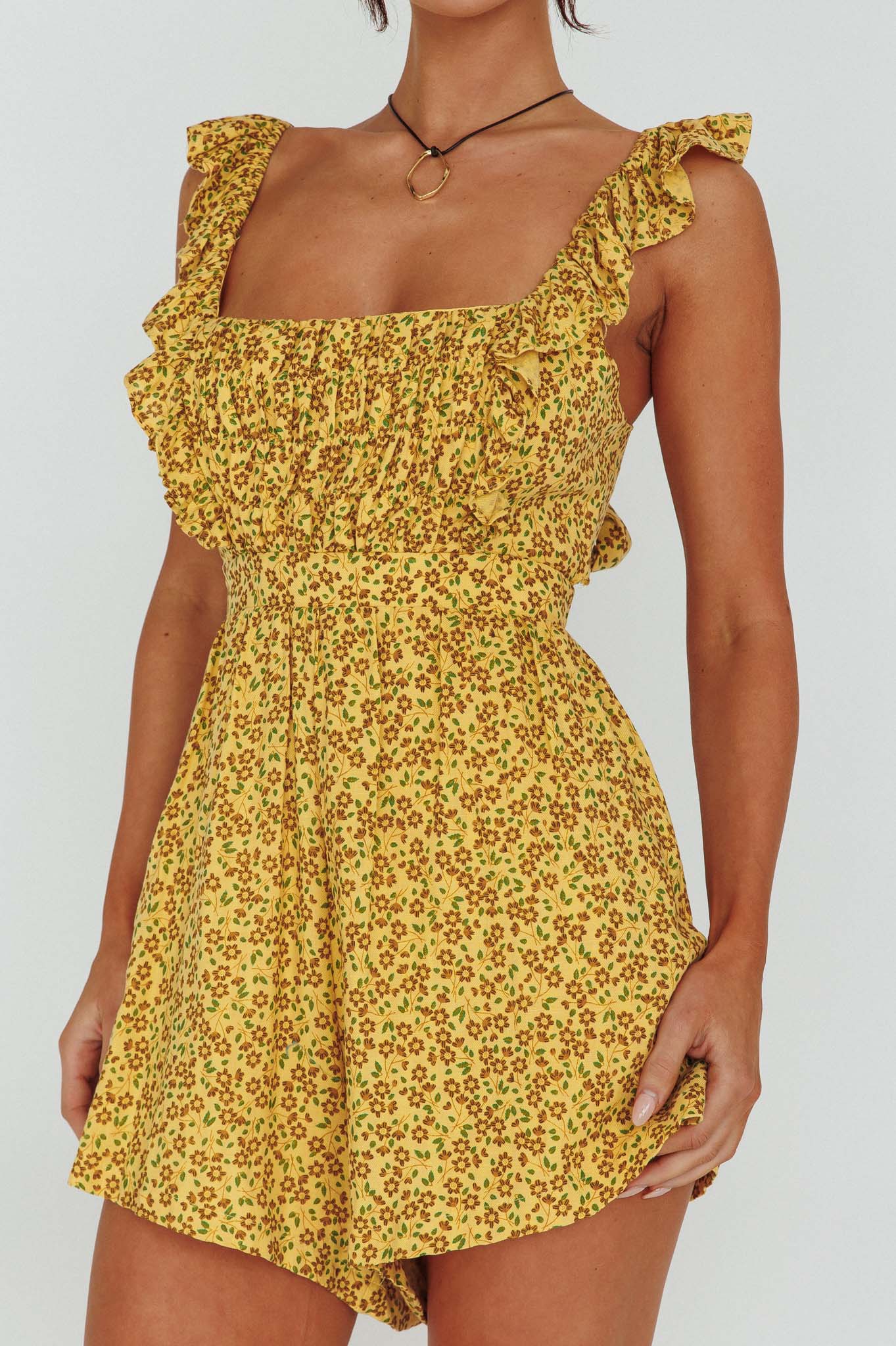 Lazy Sunday Frill Strap Tie-Up Back Romper Floral Print Mustard-Maymioy