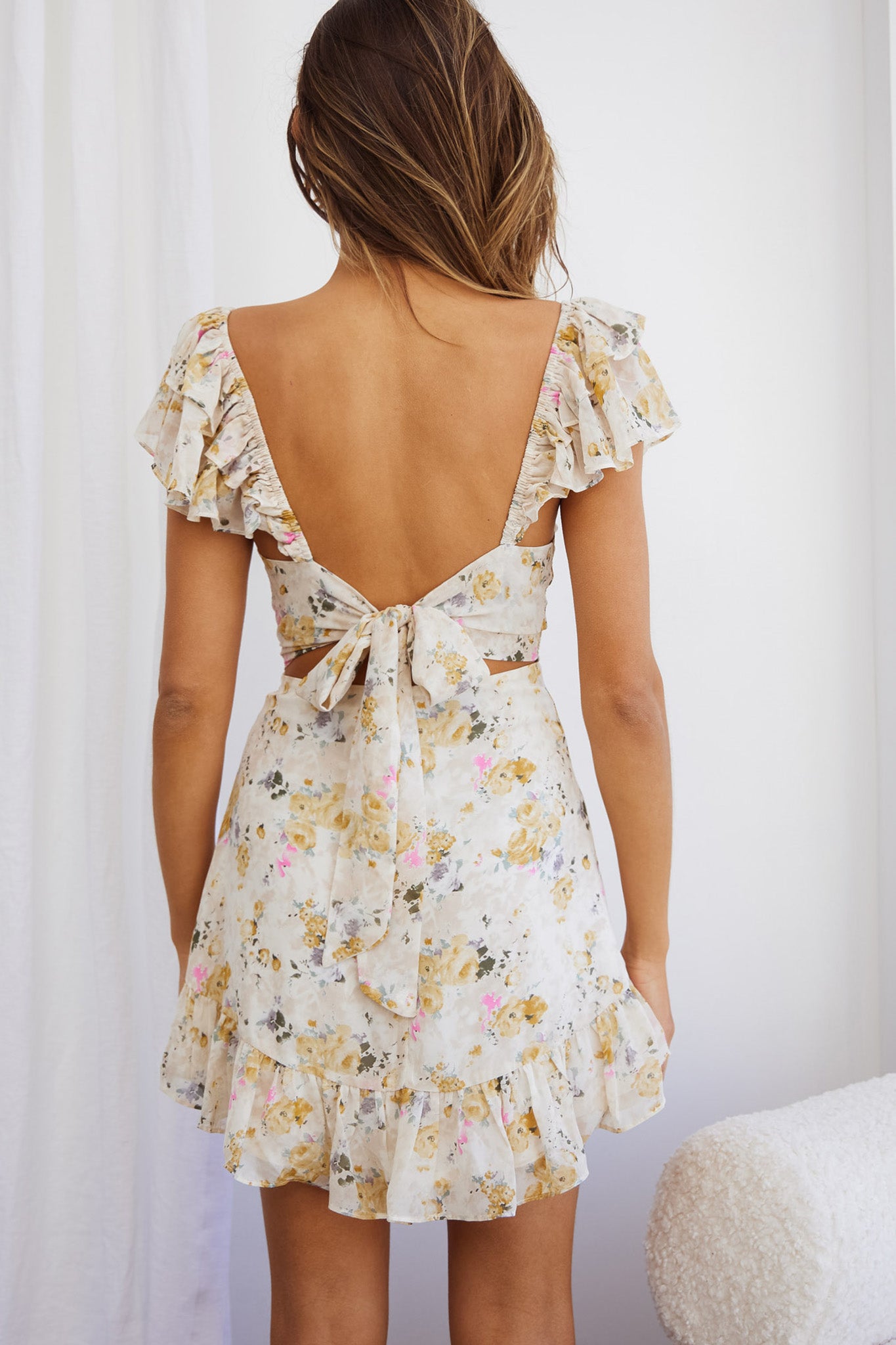 Lazy Sunday Frill Shoulder Tie-Up Back Dress Floral Print Beige-Maymioy