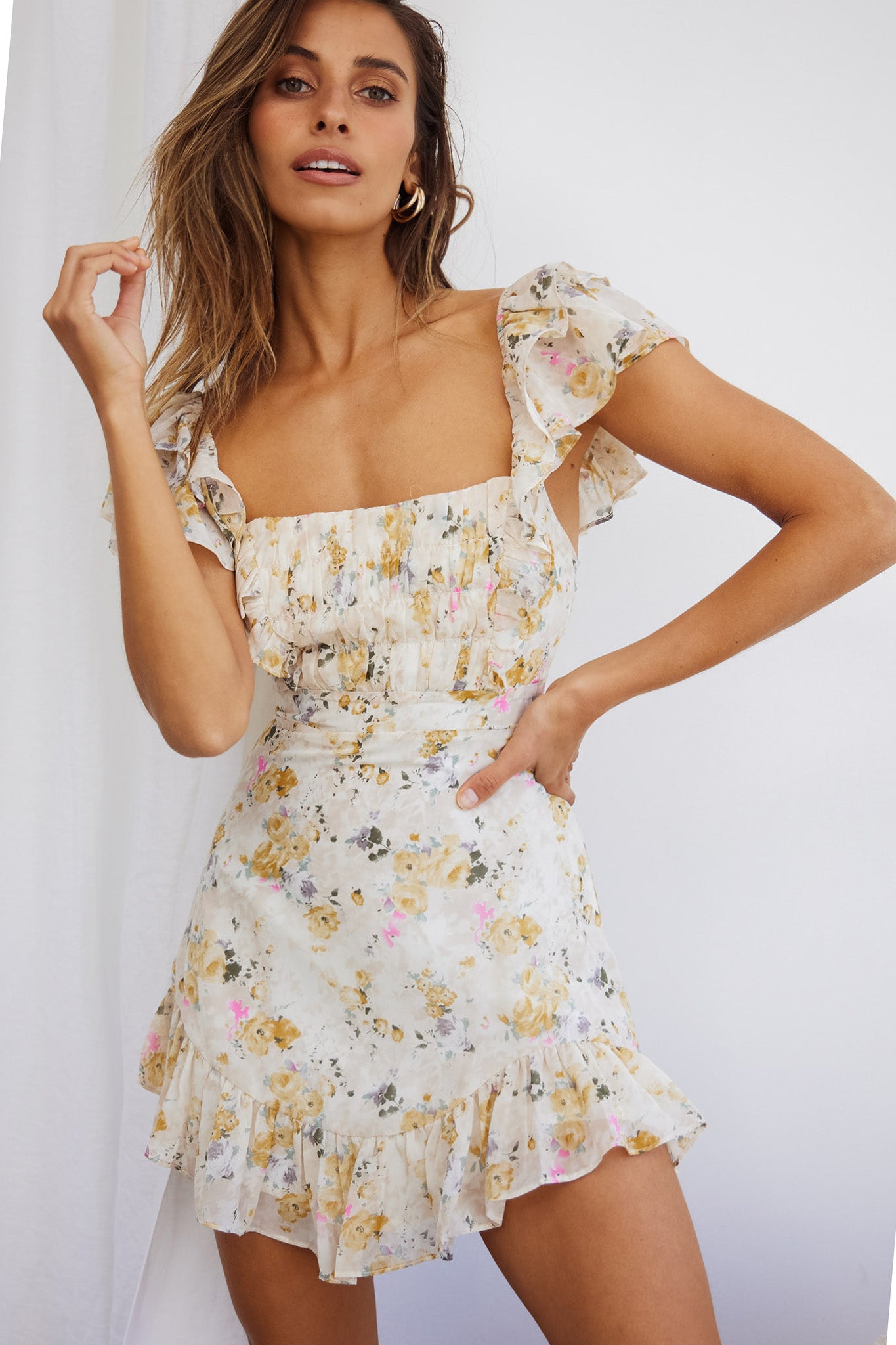 Lazy Sunday Frill Shoulder Tie-Up Back Dress Floral Print Beige-Maymioy