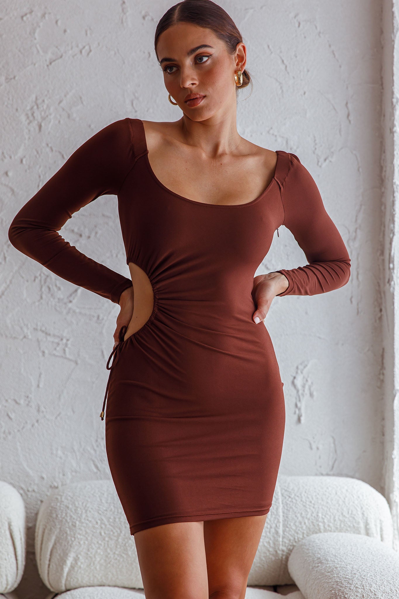 Nikola Cut-Out Feature Long Sleeve Bodycon Mini Dress Chocolate-Maymioy