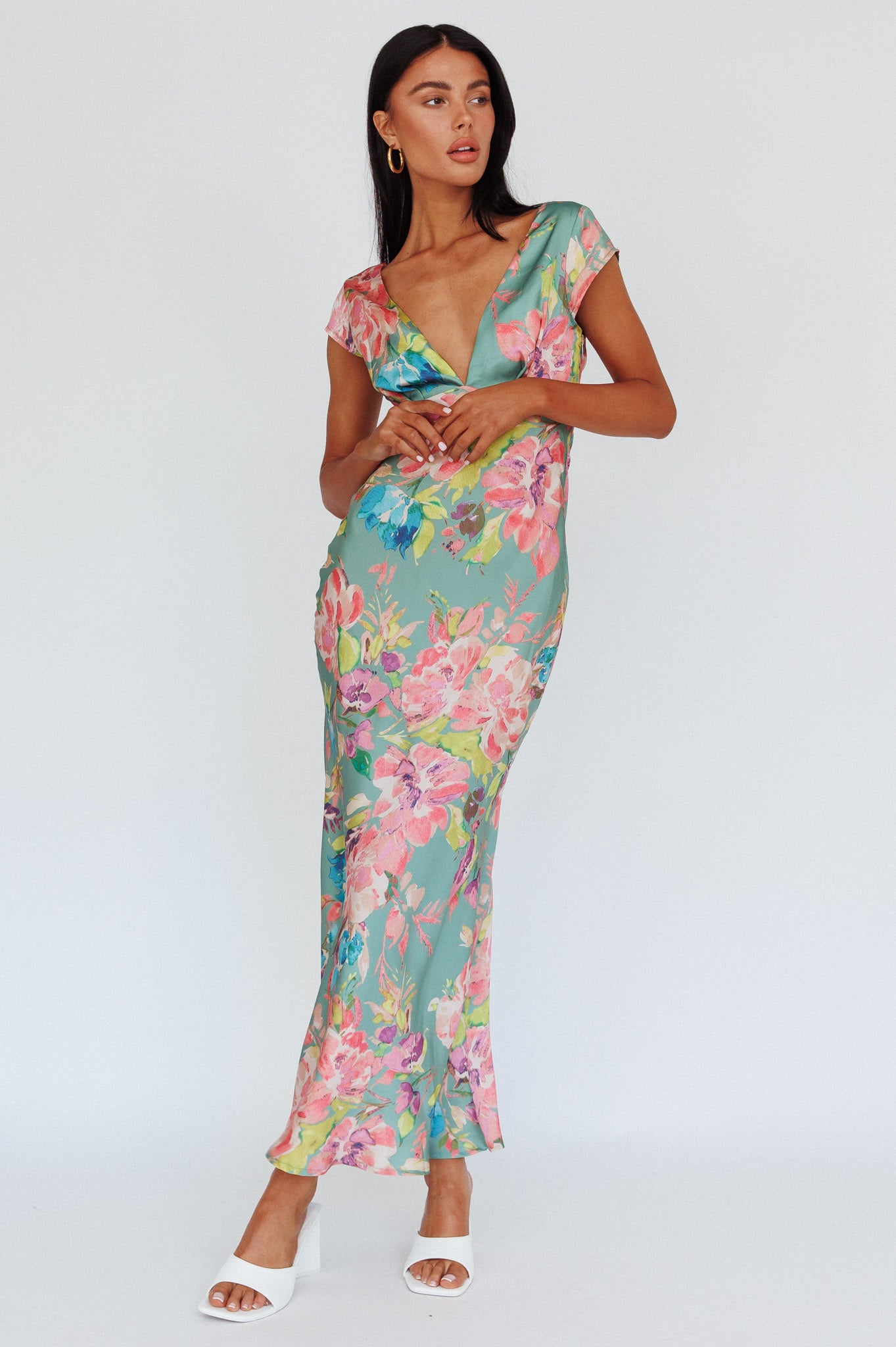 Lucinda Cap Sleeve Twist Back Midi Dress Floral Olive-Maymioy