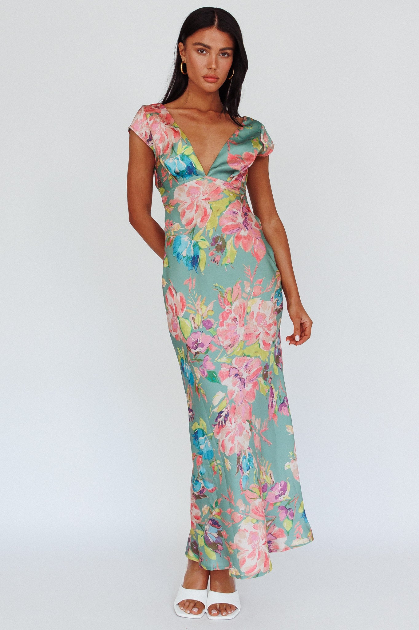 Lucinda Cap Sleeve Twist Back Midi Dress Floral Olive-Maymioy