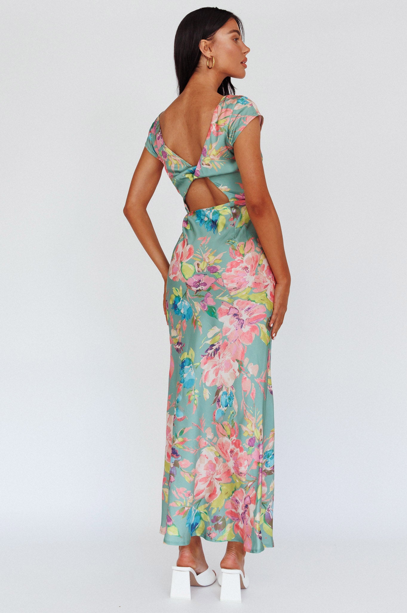 Lucinda Cap Sleeve Twist Back Midi Dress Floral Olive-Maymioy