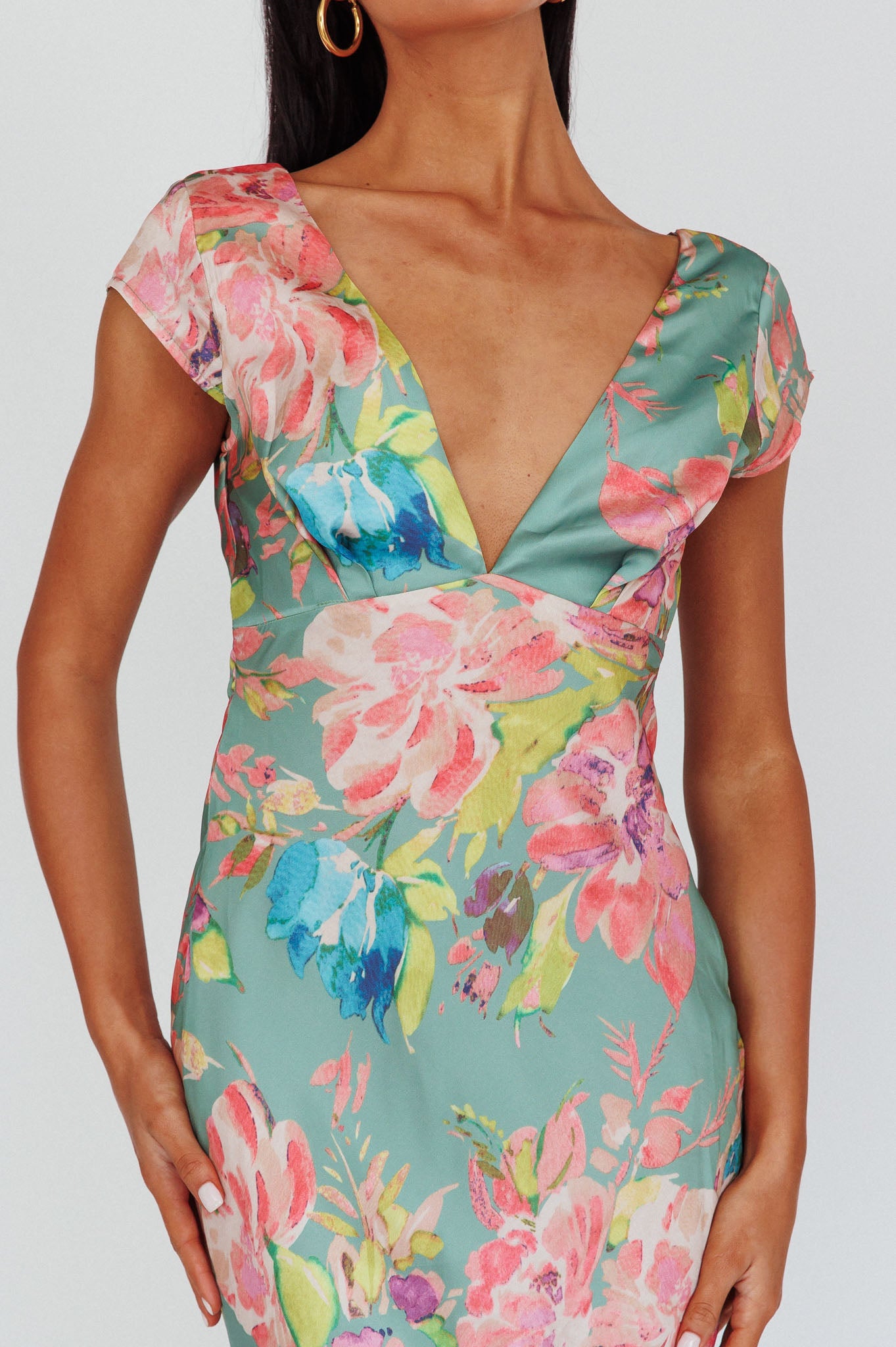 Lucinda Cap Sleeve Twist Back Midi Dress Floral Olive-Maymioy