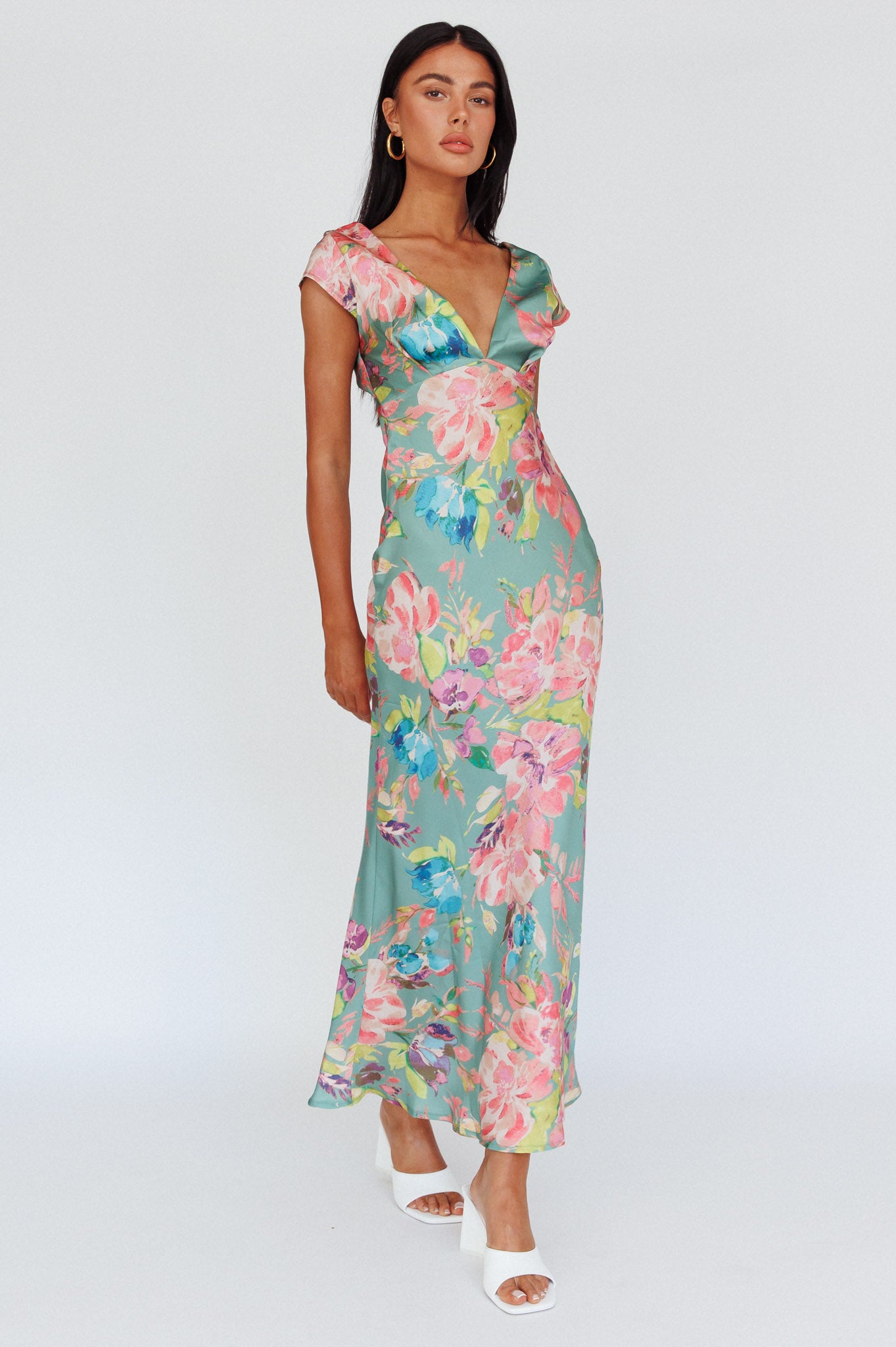 Lucinda Cap Sleeve Twist Back Midi Dress Floral Olive-Maymioy
