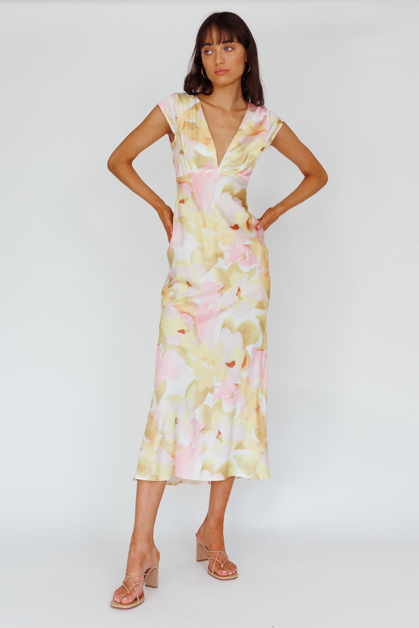 Lucinda Cap Sleeve Twist Back Midi Dress Flower Pink-Maymioy