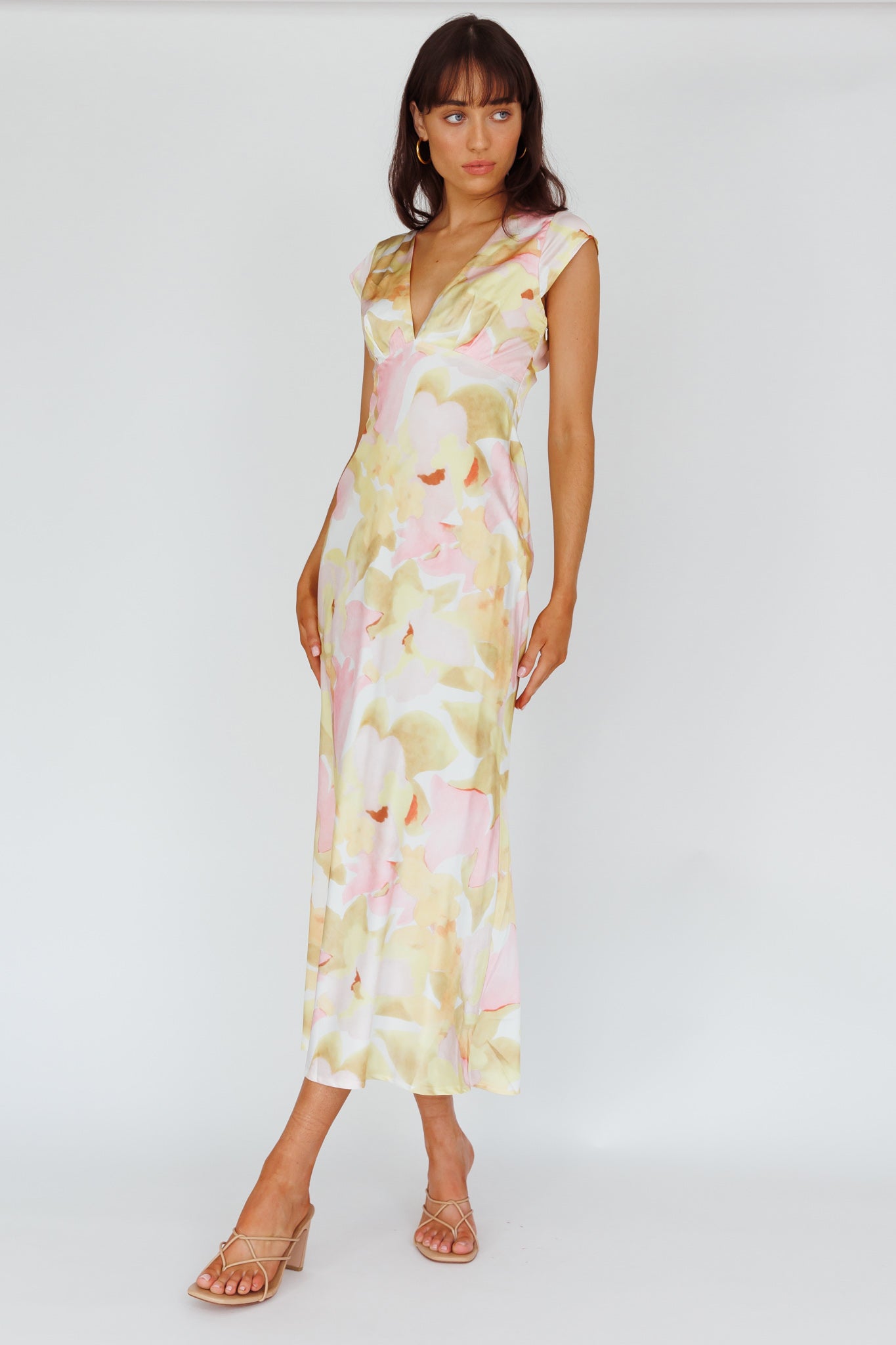 Lucinda Cap Sleeve Twist Back Midi Dress Flower Pink-Maymioy